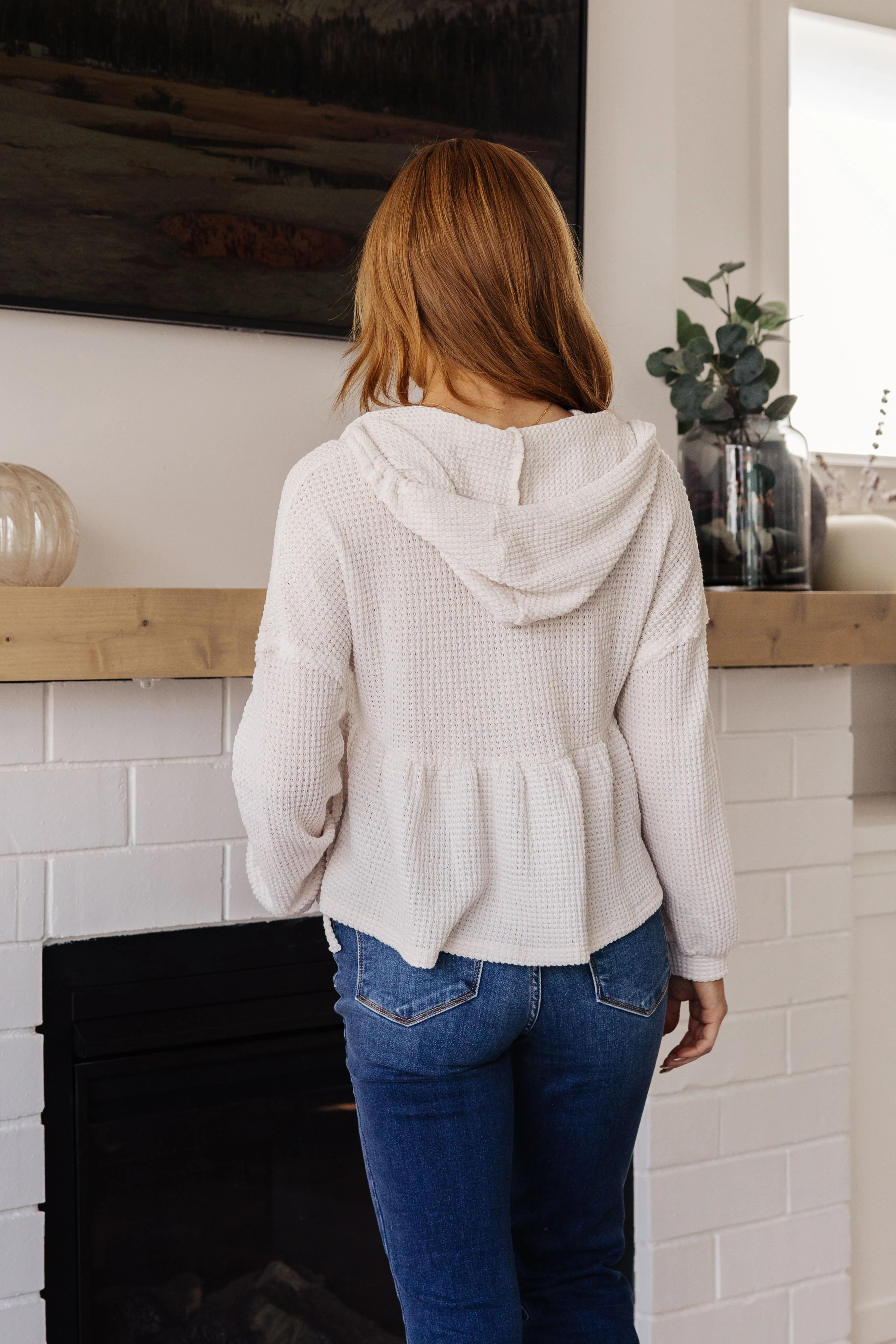 Holly Henley Hoodie - White Waffle Knit, Peplum Design, Drawstring Closure