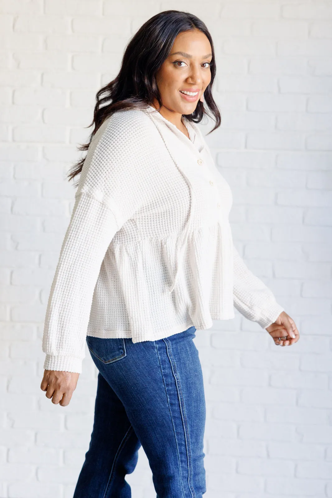 Holly Henley Hoodie - White Waffle Knit, Peplum Design, Drawstring Closure