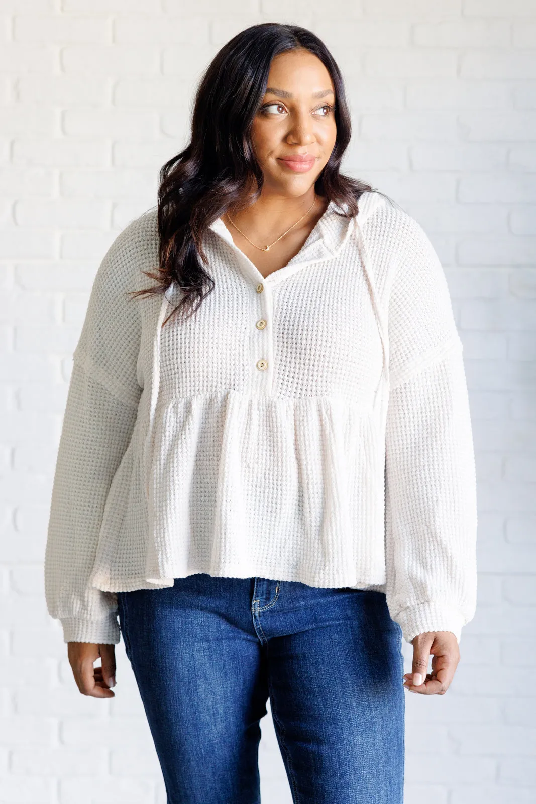 Holly Henley Hoodie - White Waffle Knit, Peplum Design, Drawstring Closure
