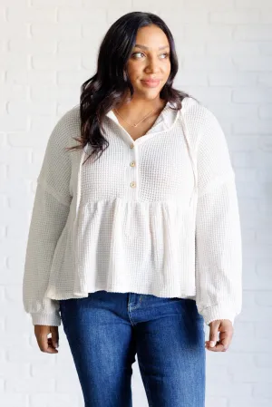 Holly Henley Hoodie - White Waffle Knit, Peplum Design, Drawstring Closure