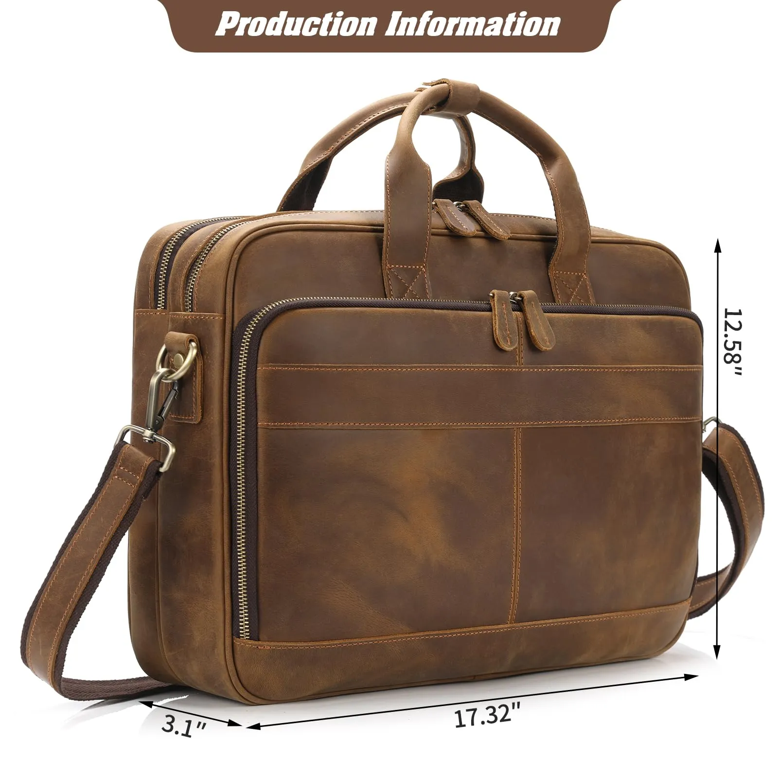 Jack&Chris Full Grain Leather Briefcase for Men,Business Messenger Bag Laptop Bag Attache Case 15.6"