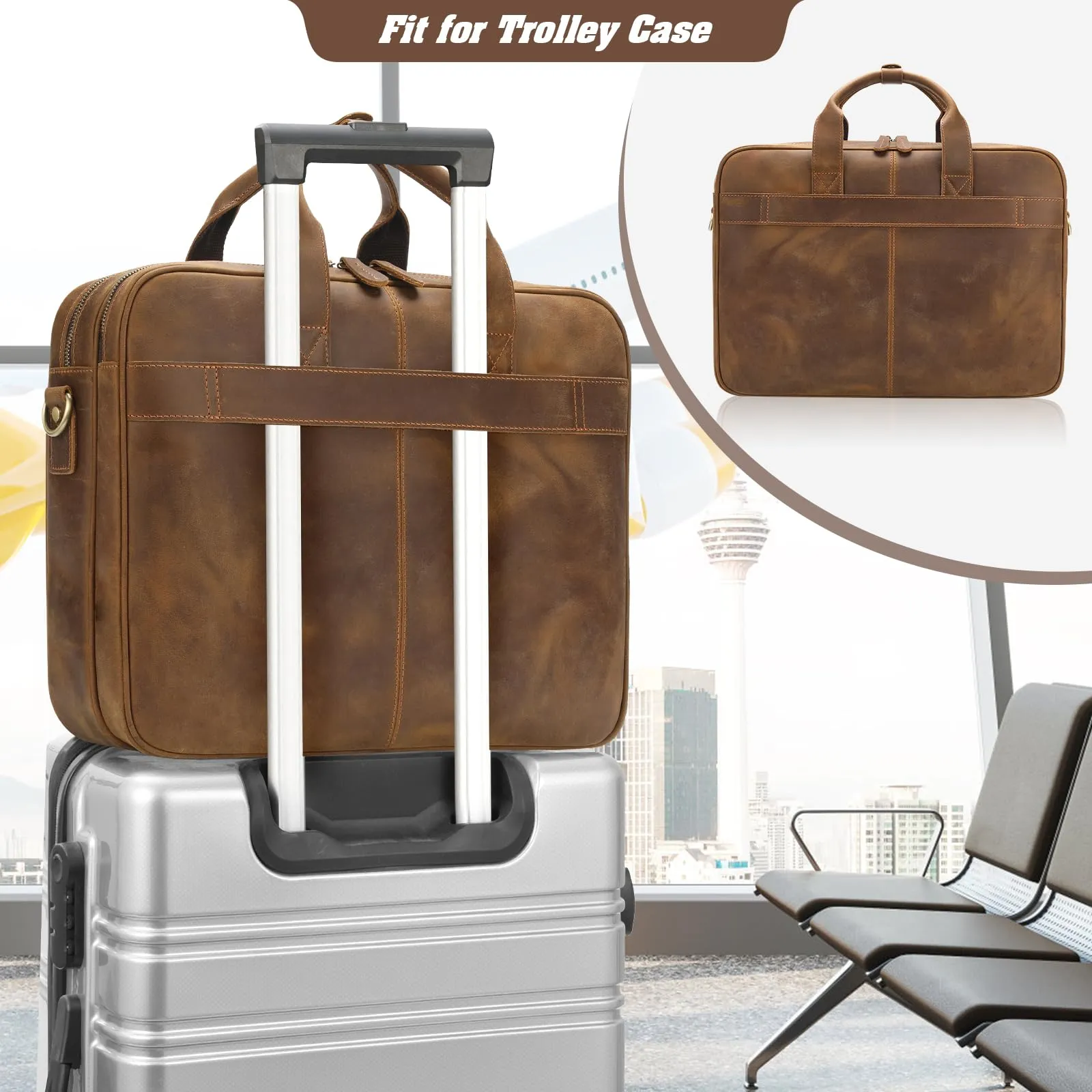 Jack&Chris Full Grain Leather Briefcase for Men,Business Messenger Bag Laptop Bag Attache Case 15.6"