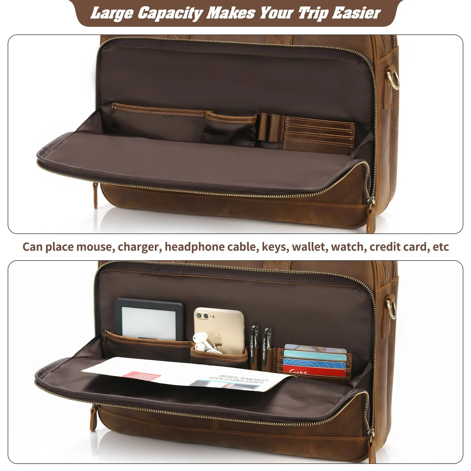 Jack&Chris Full Grain Leather Briefcase for Men,Business Messenger Bag Laptop Bag Attache Case 15.6"