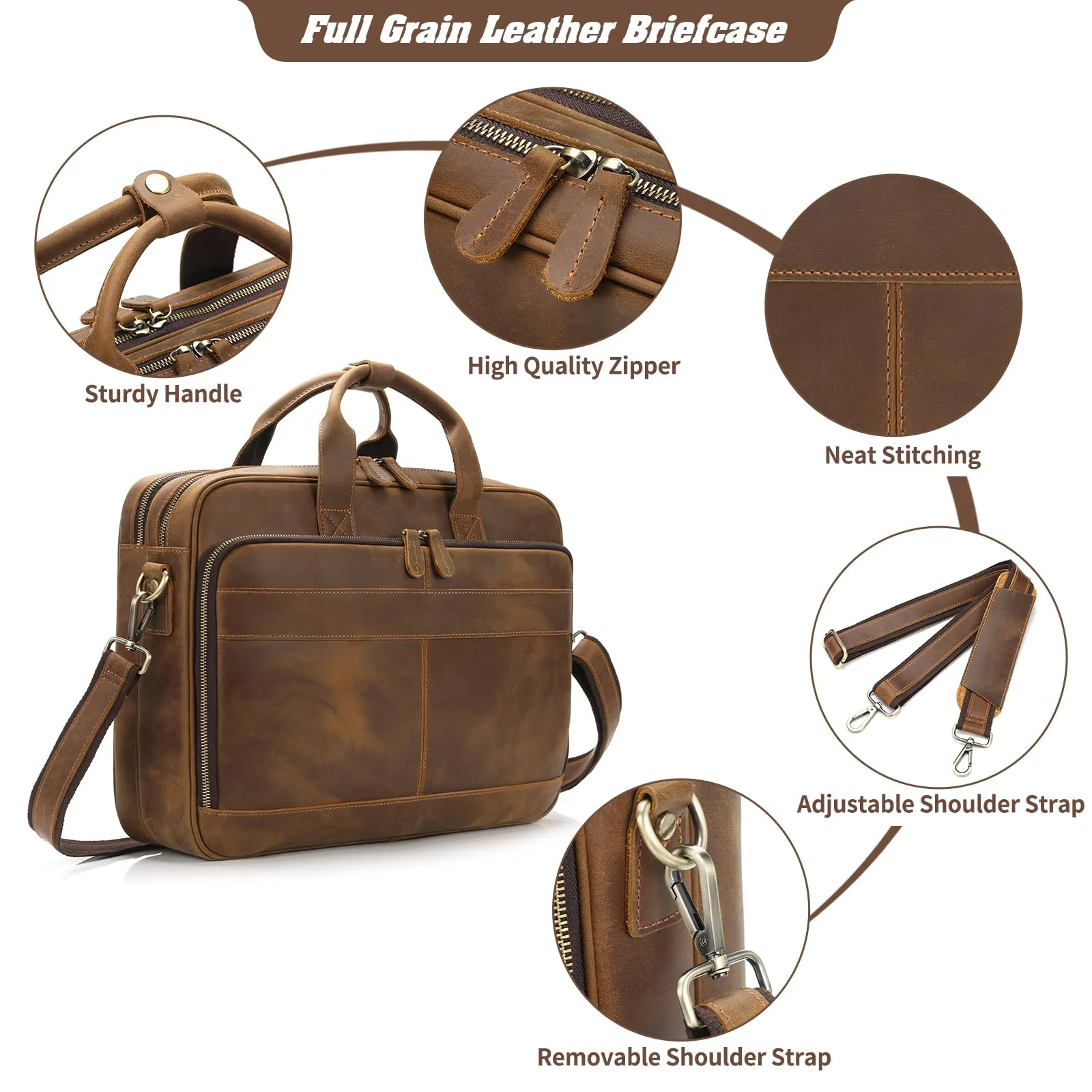 Jack&Chris Full Grain Leather Briefcase for Men,Business Messenger Bag Laptop Bag Attache Case 15.6"