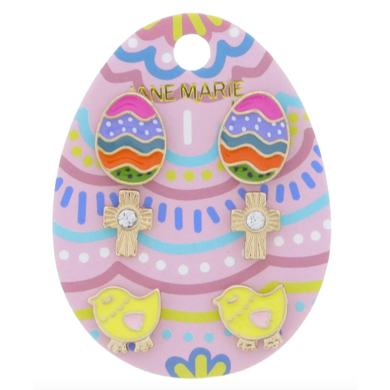Jane Marie 3 Stud Set- Multi Enamel Easter Egg, Gold Starburst Cross with Center Crystal, Enamel Chick