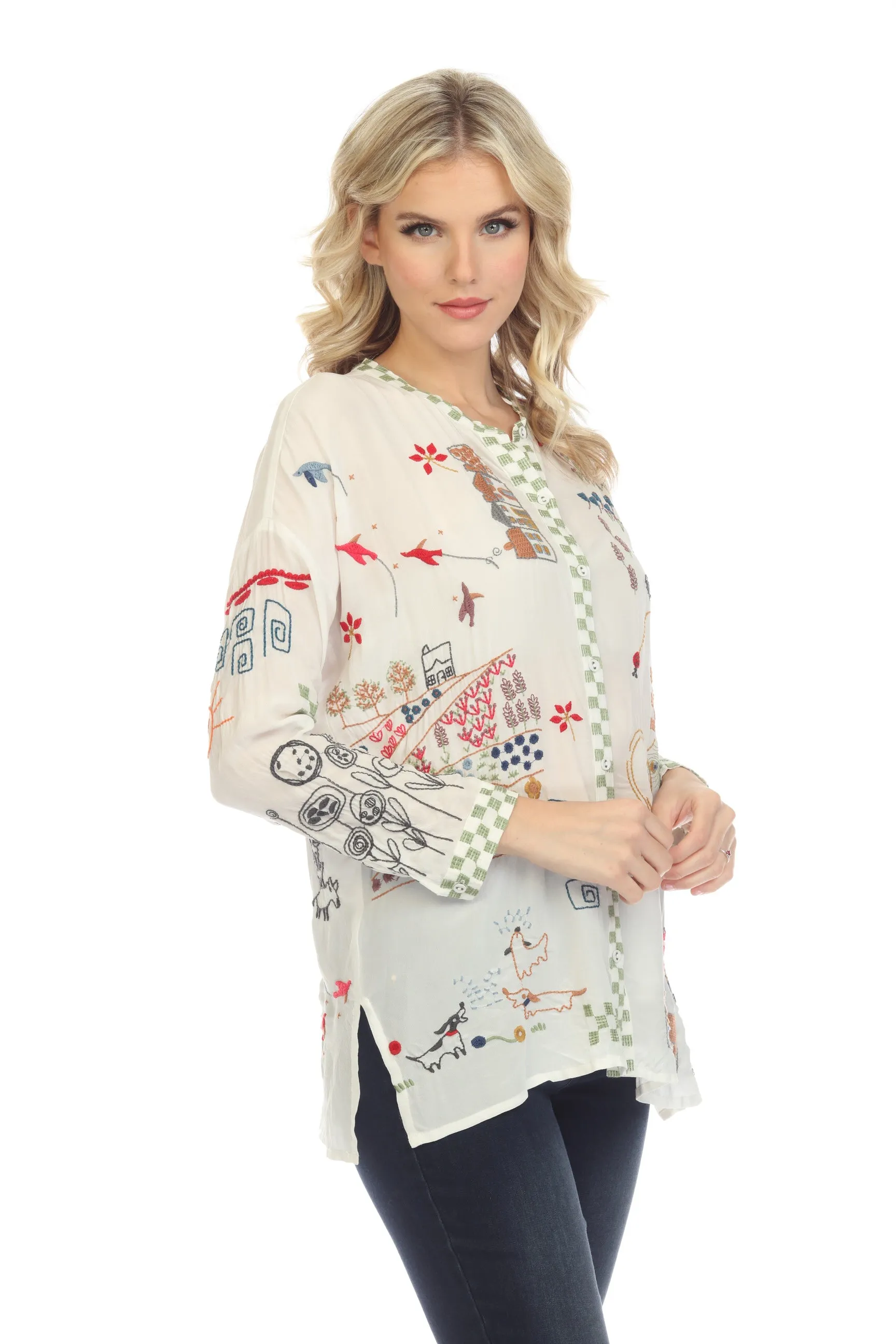 Johnny Was Biya Cartagena Silk Embroidered Blouse Boho Chic B19222