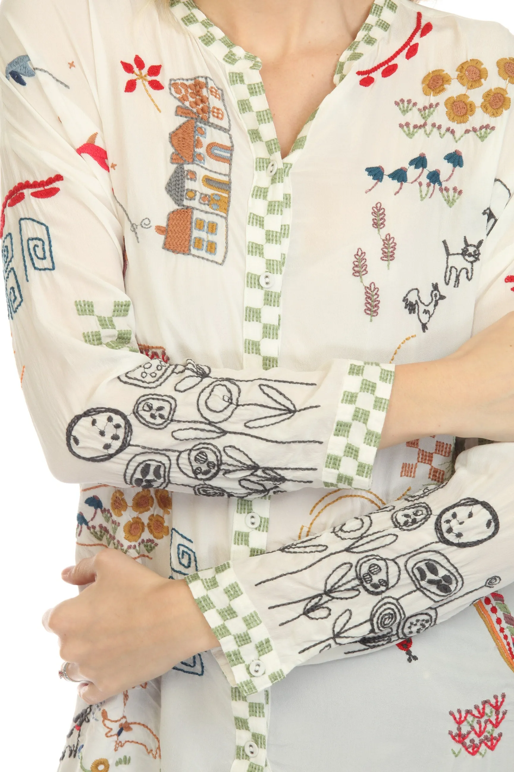 Johnny Was Biya Cartagena Silk Embroidered Blouse Boho Chic B19222