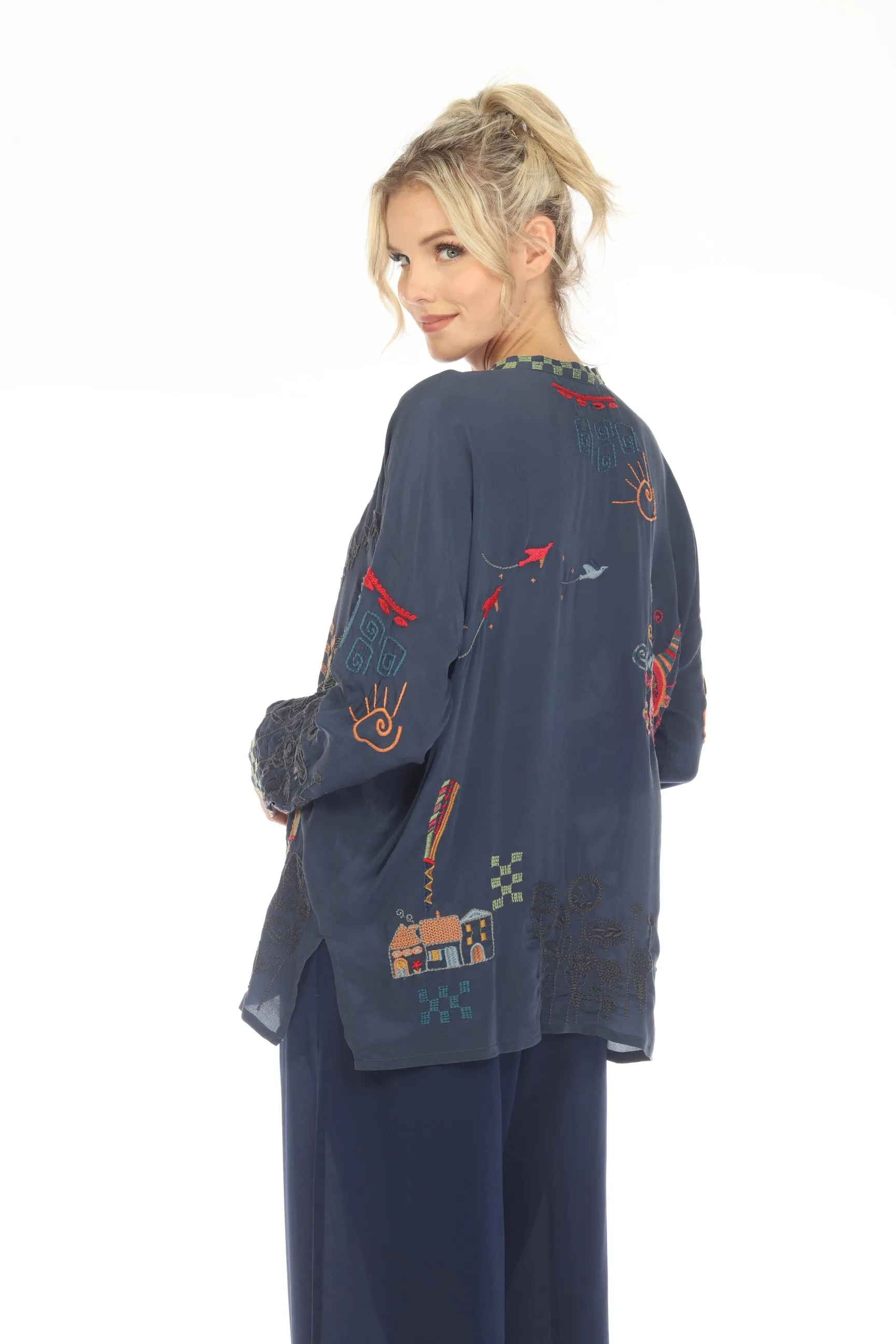 Johnny Was Biya Cartagena Silk Embroidered Blouse Boho Chic B19222