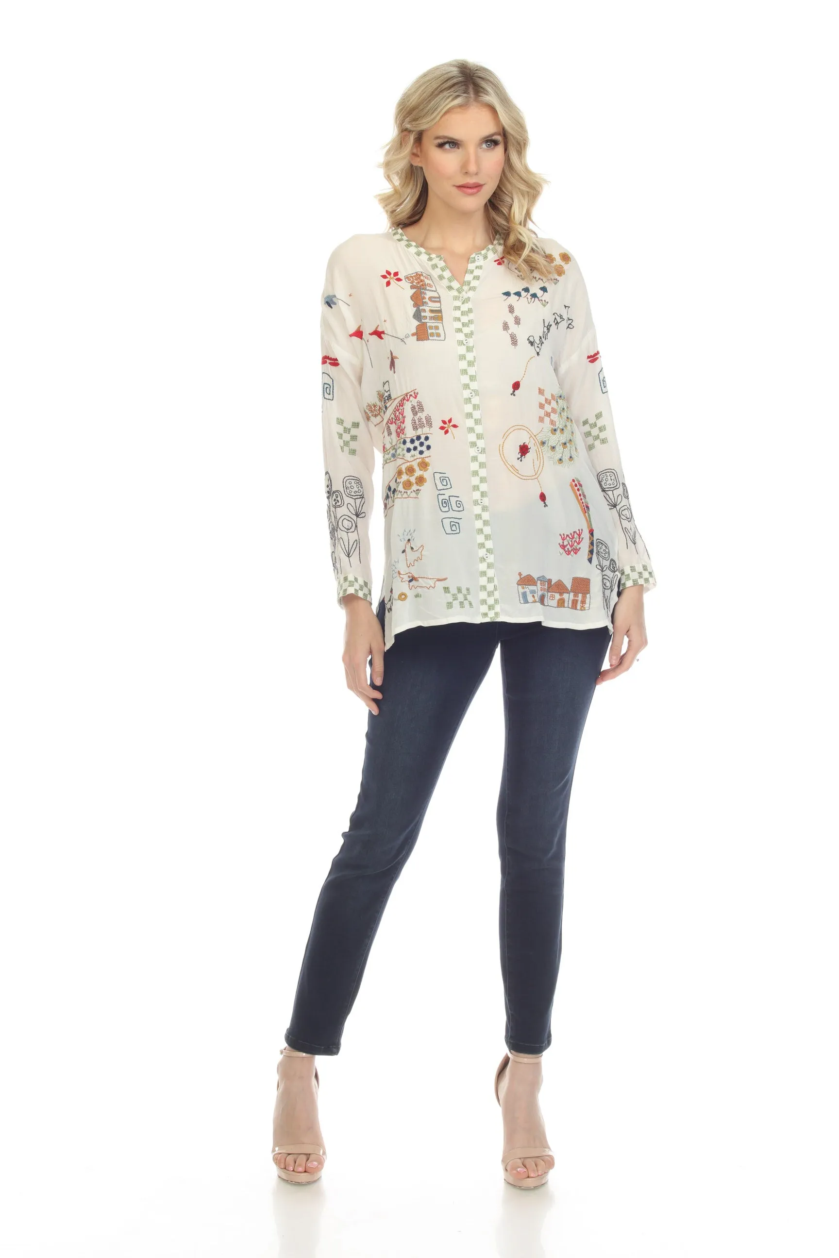 Johnny Was Biya Cartagena Silk Embroidered Blouse Boho Chic B19222