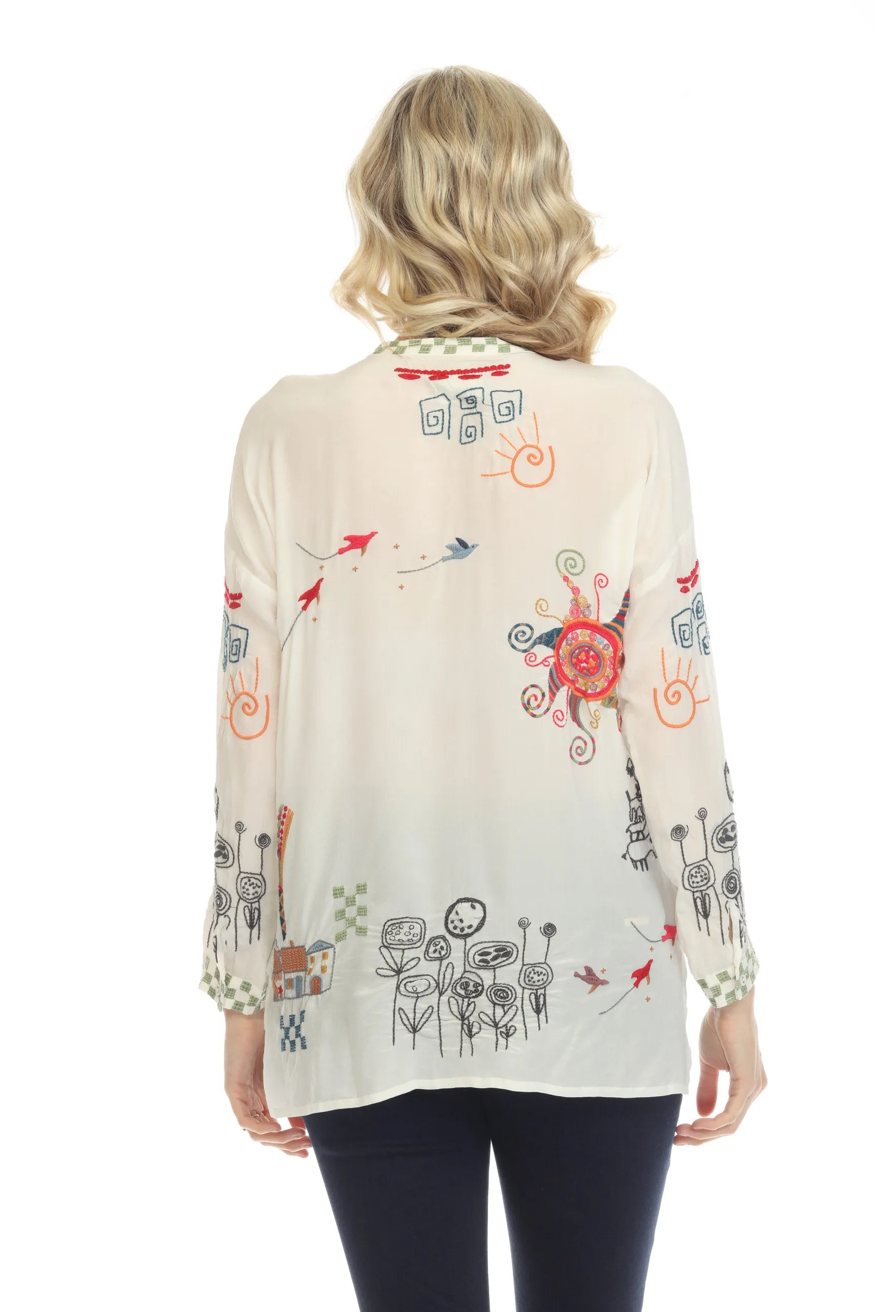 Johnny Was Biya Cartagena Silk Embroidered Blouse Boho Chic B19222