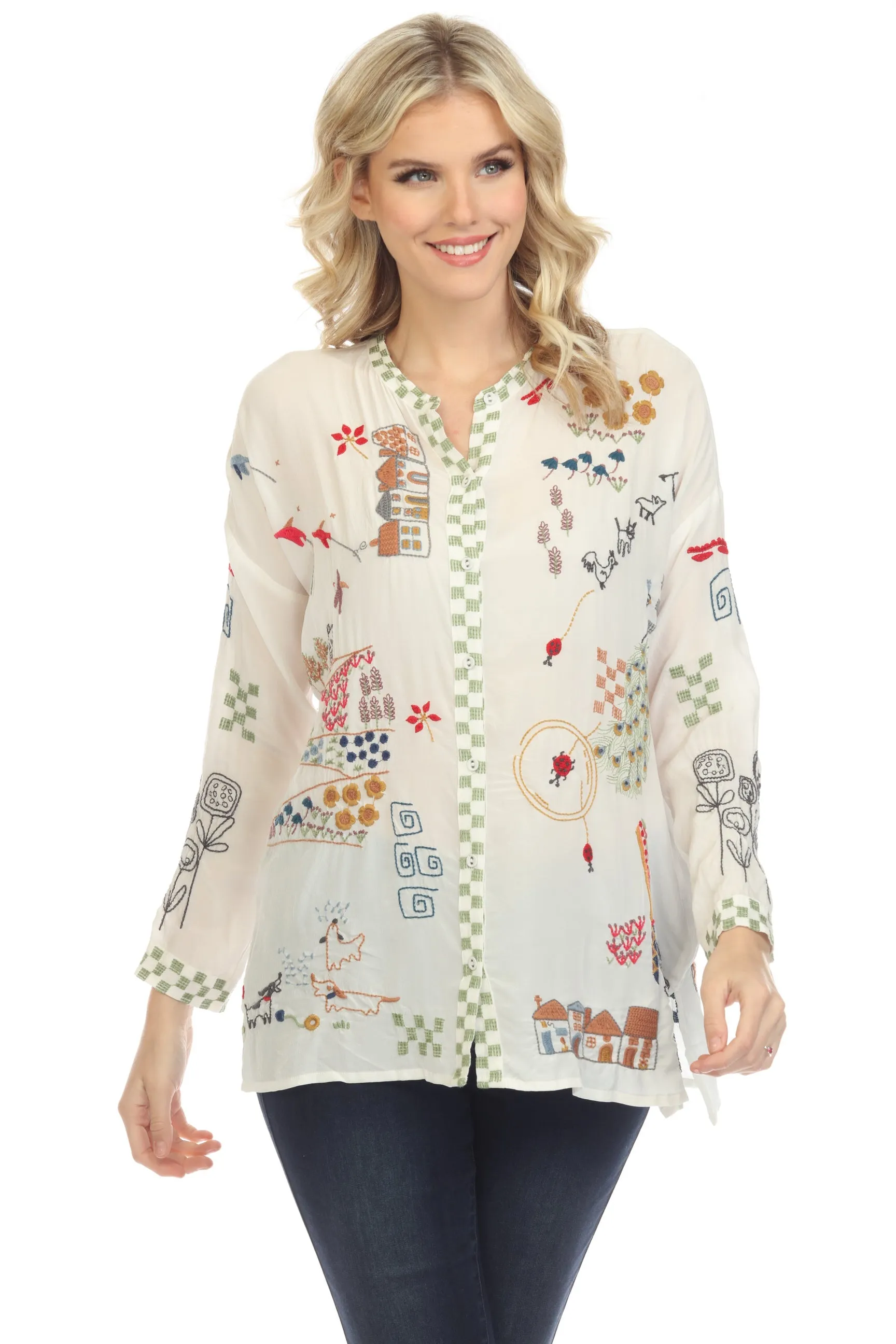 Johnny Was Biya Cartagena Silk Embroidered Blouse Boho Chic B19222