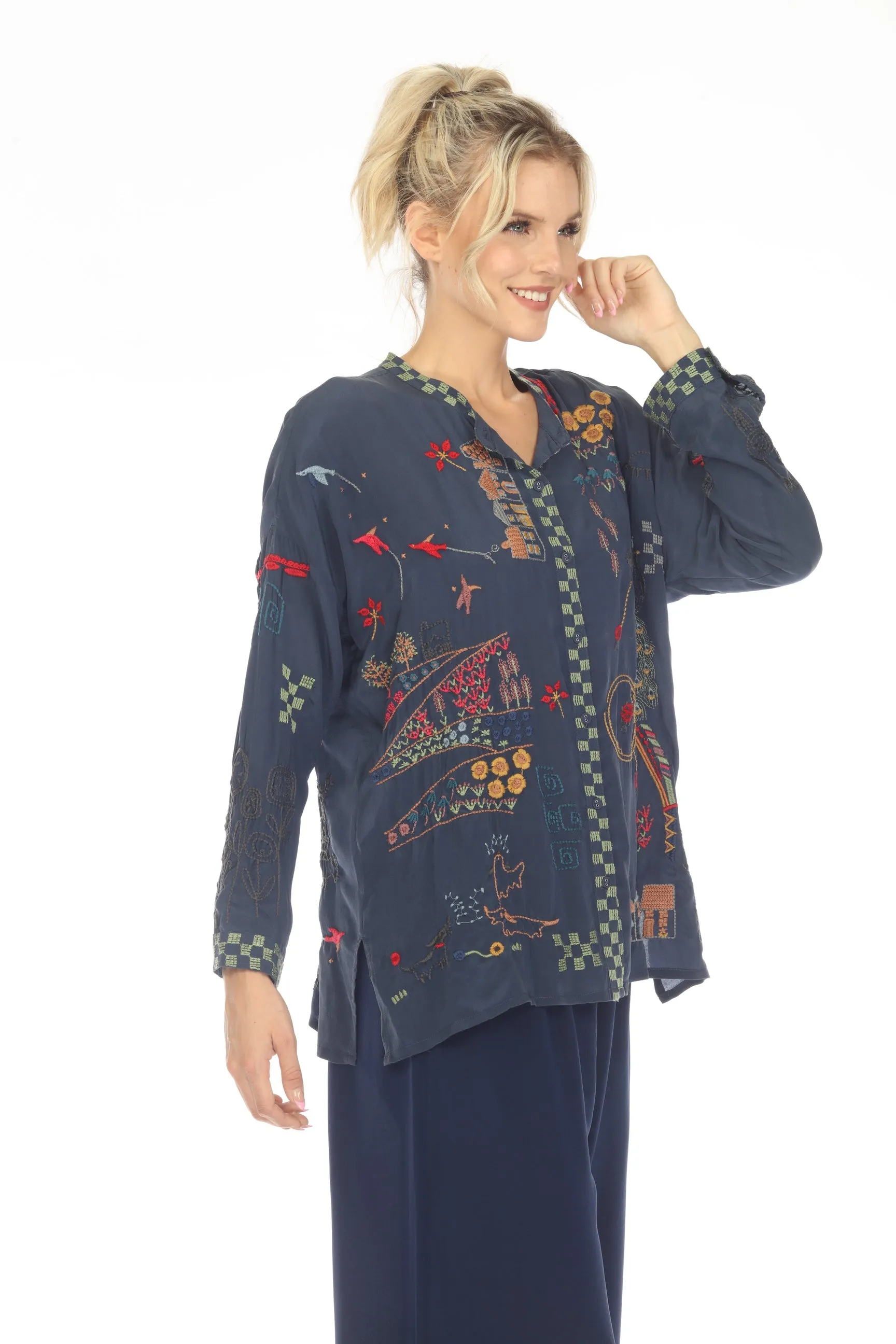 Johnny Was Biya Cartagena Silk Embroidered Blouse Boho Chic B19222