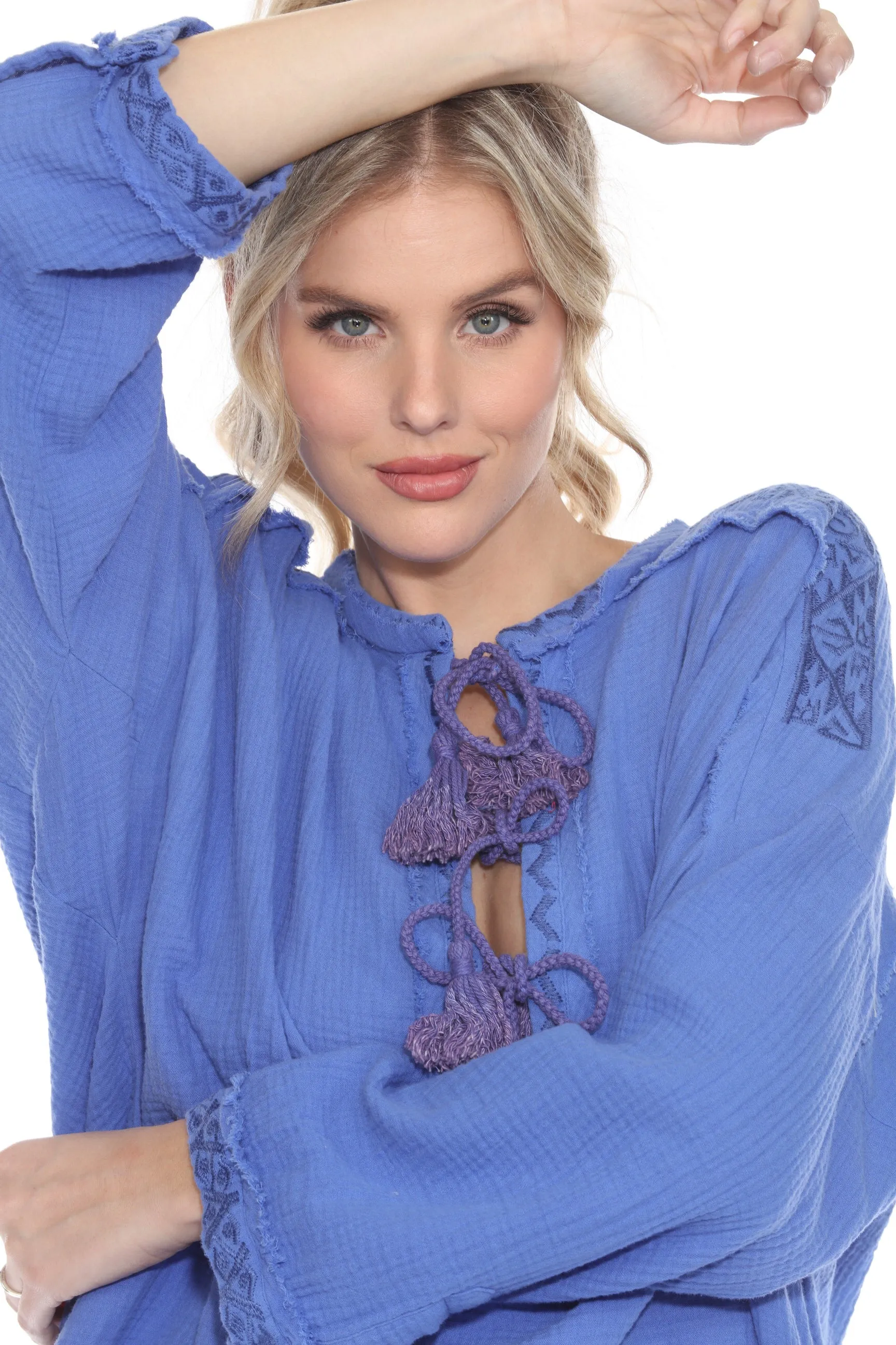 Johnny Was Calme Blue Ghenar Embroidered Gauze Top O21072