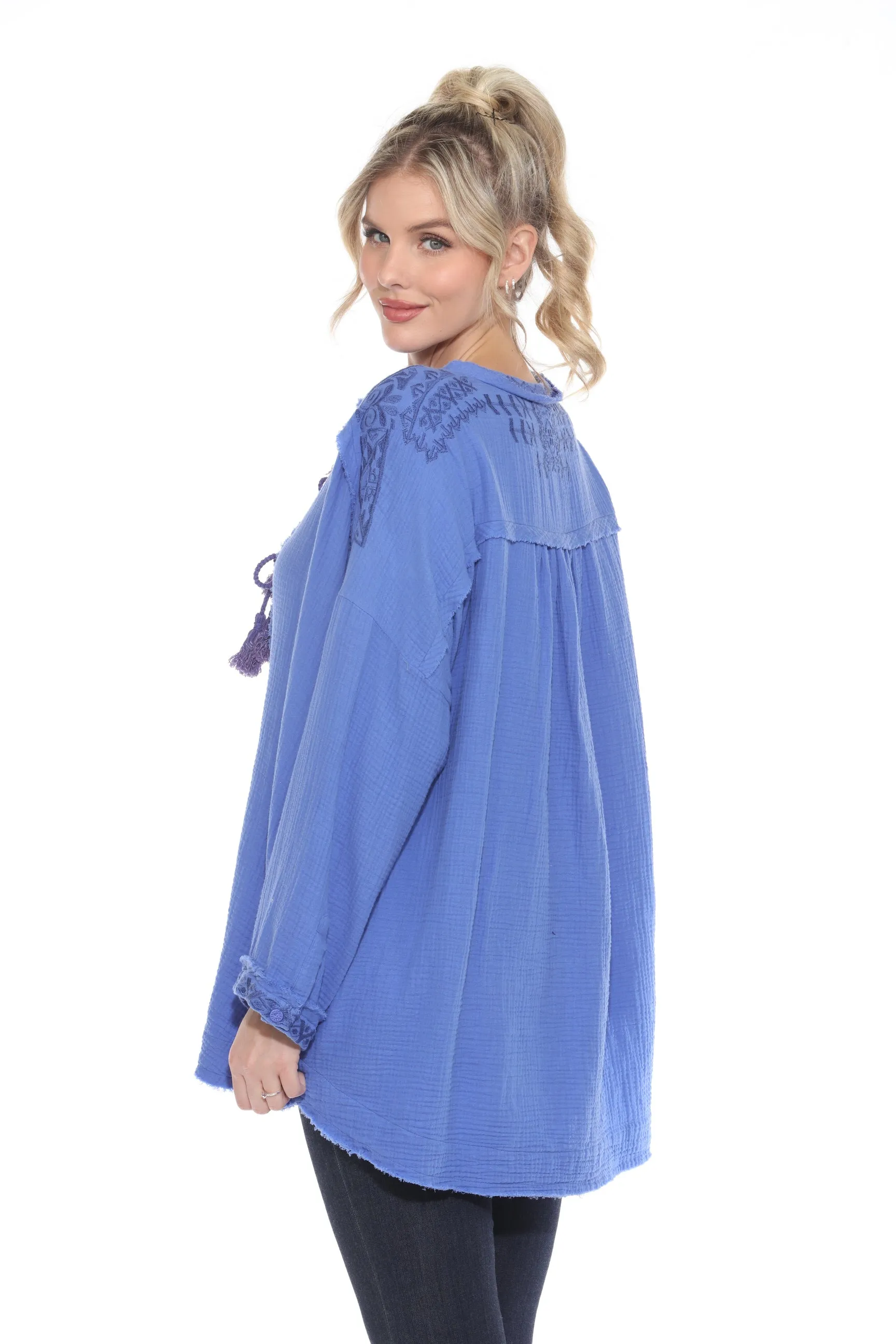 Johnny Was Calme Blue Ghenar Embroidered Gauze Top O21072