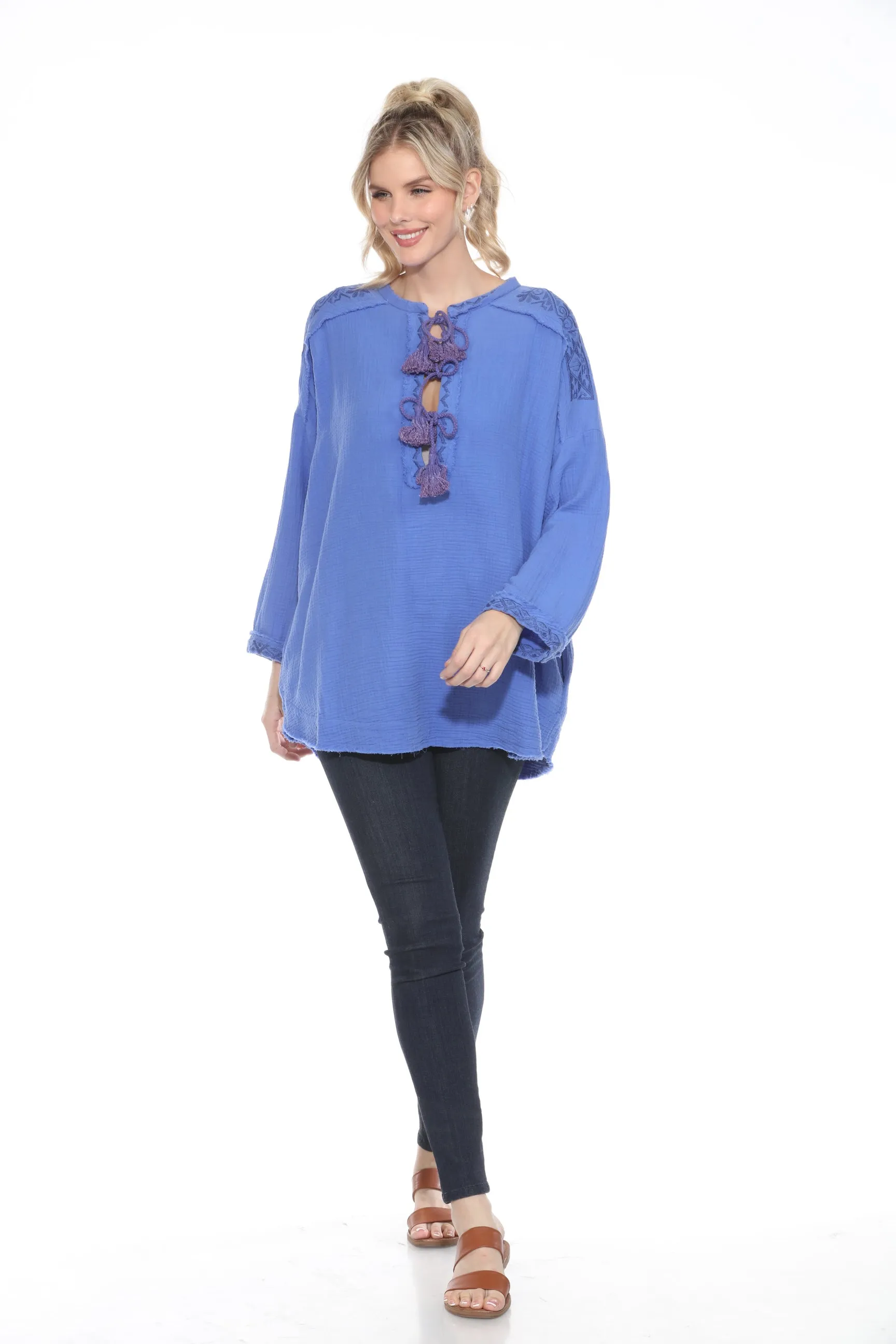 Johnny Was Calme Blue Ghenar Embroidered Gauze Top O21072