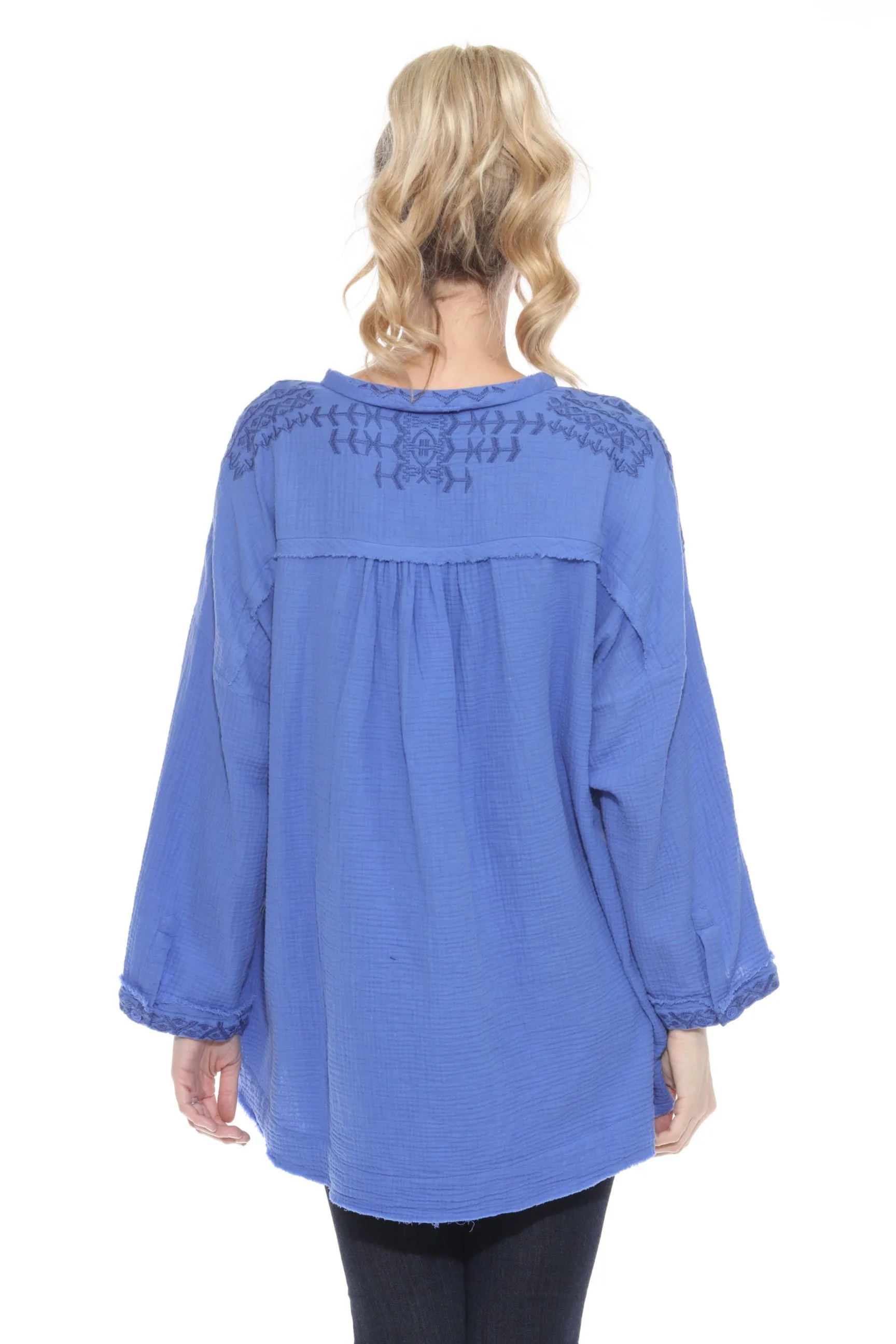 Johnny Was Calme Blue Ghenar Embroidered Gauze Top O21072