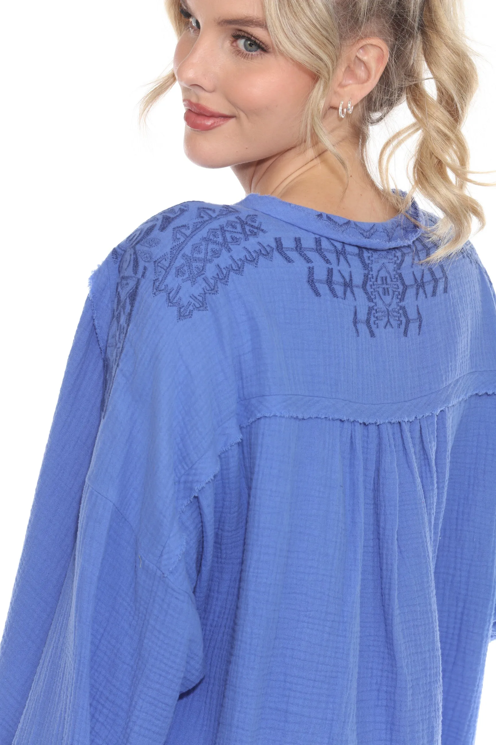 Johnny Was Calme Blue Ghenar Embroidered Gauze Top O21072