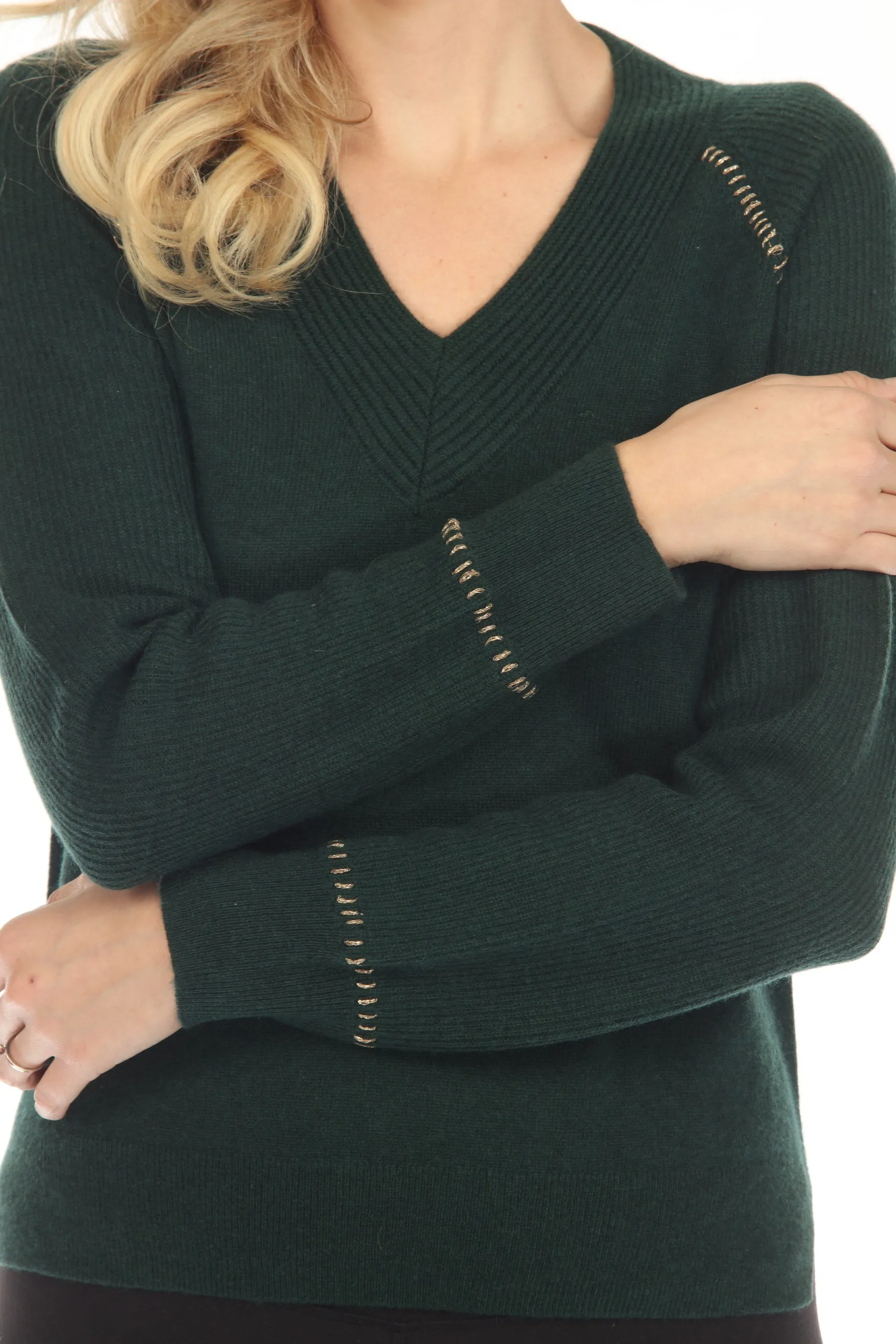 Johnny Was Green Dawn Metallic Whipstitch V-Neck Cashmere Sweater Boho Chic M60822