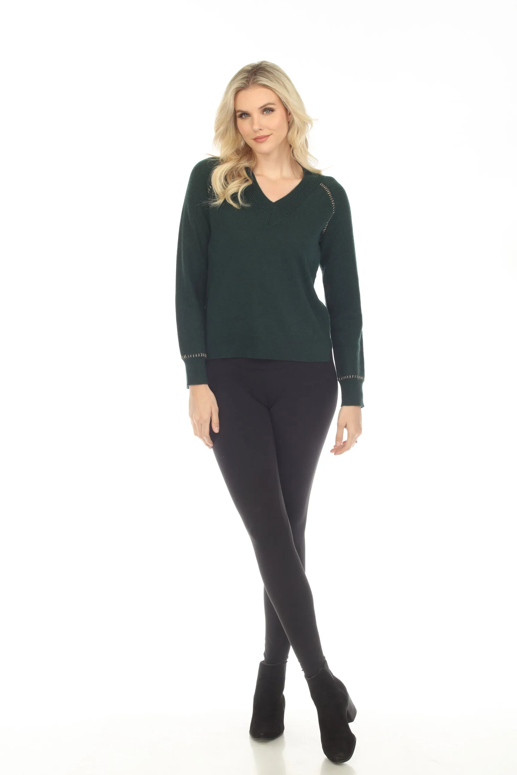Johnny Was Green Dawn Metallic Whipstitch V-Neck Cashmere Sweater Boho Chic M60822