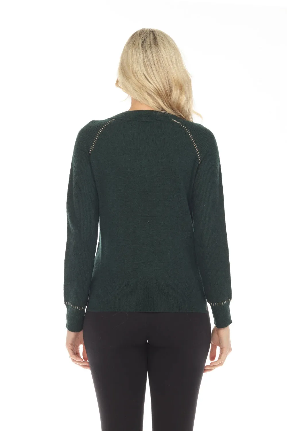 Johnny Was Green Dawn Metallic Whipstitch V-Neck Cashmere Sweater Boho Chic M60822