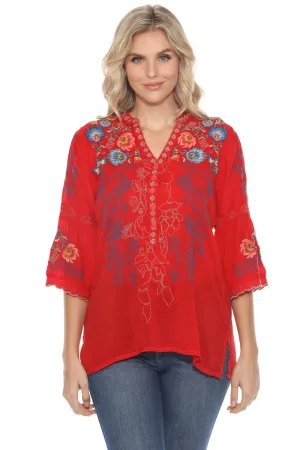 Johnny Was Red Floral Embroidered 3/4 Sleeve V-Neck Blouse C88824