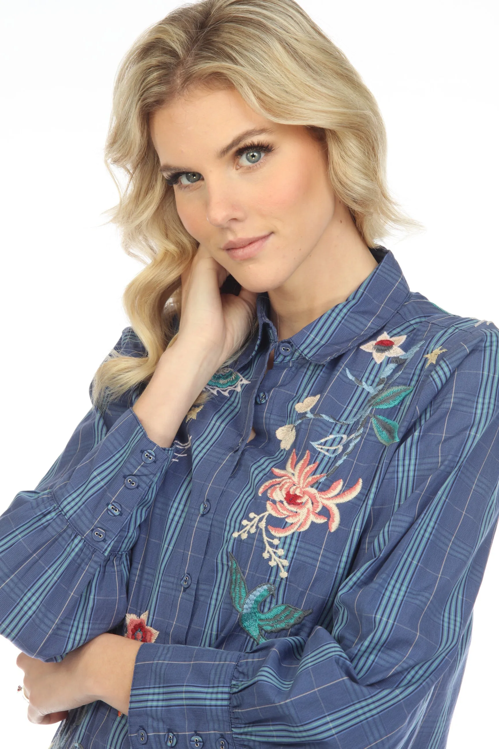 Johnny Was Workshop Blue Viola Nashville Shirt Boho Chic W13722
