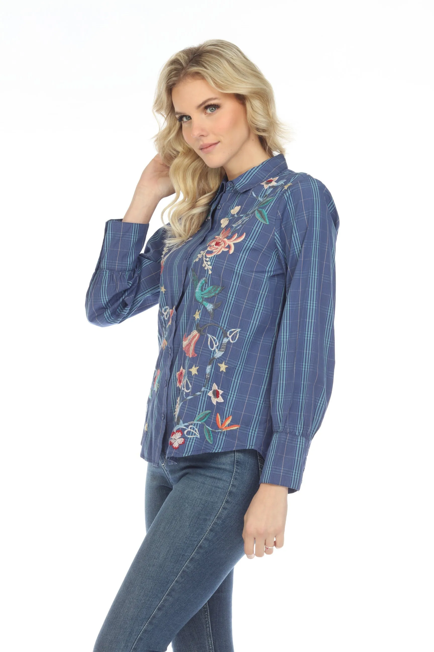 Johnny Was Workshop Blue Viola Nashville Shirt Boho Chic W13722