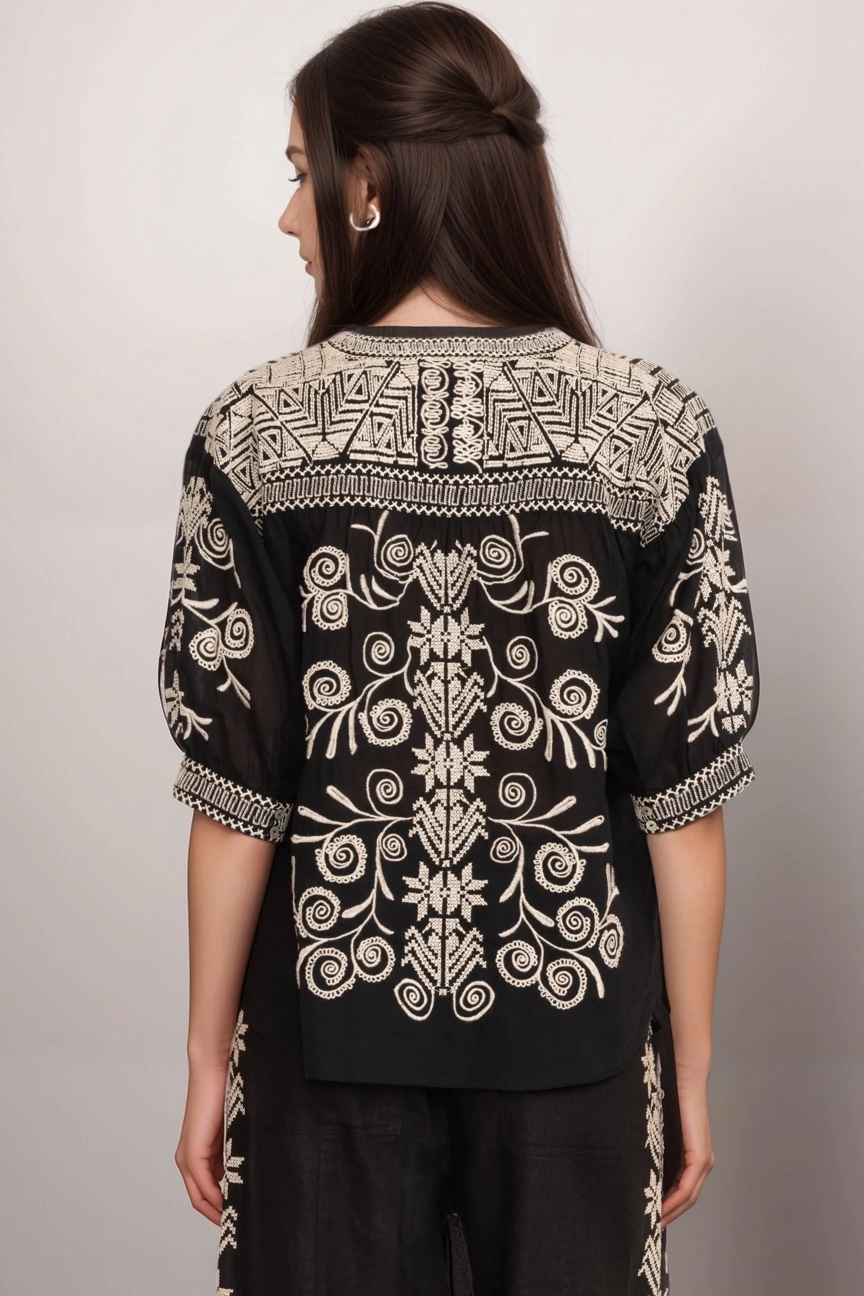 Johnny Was Workshop Hannani Puff Sleeve Henley Blouse W10524 *
