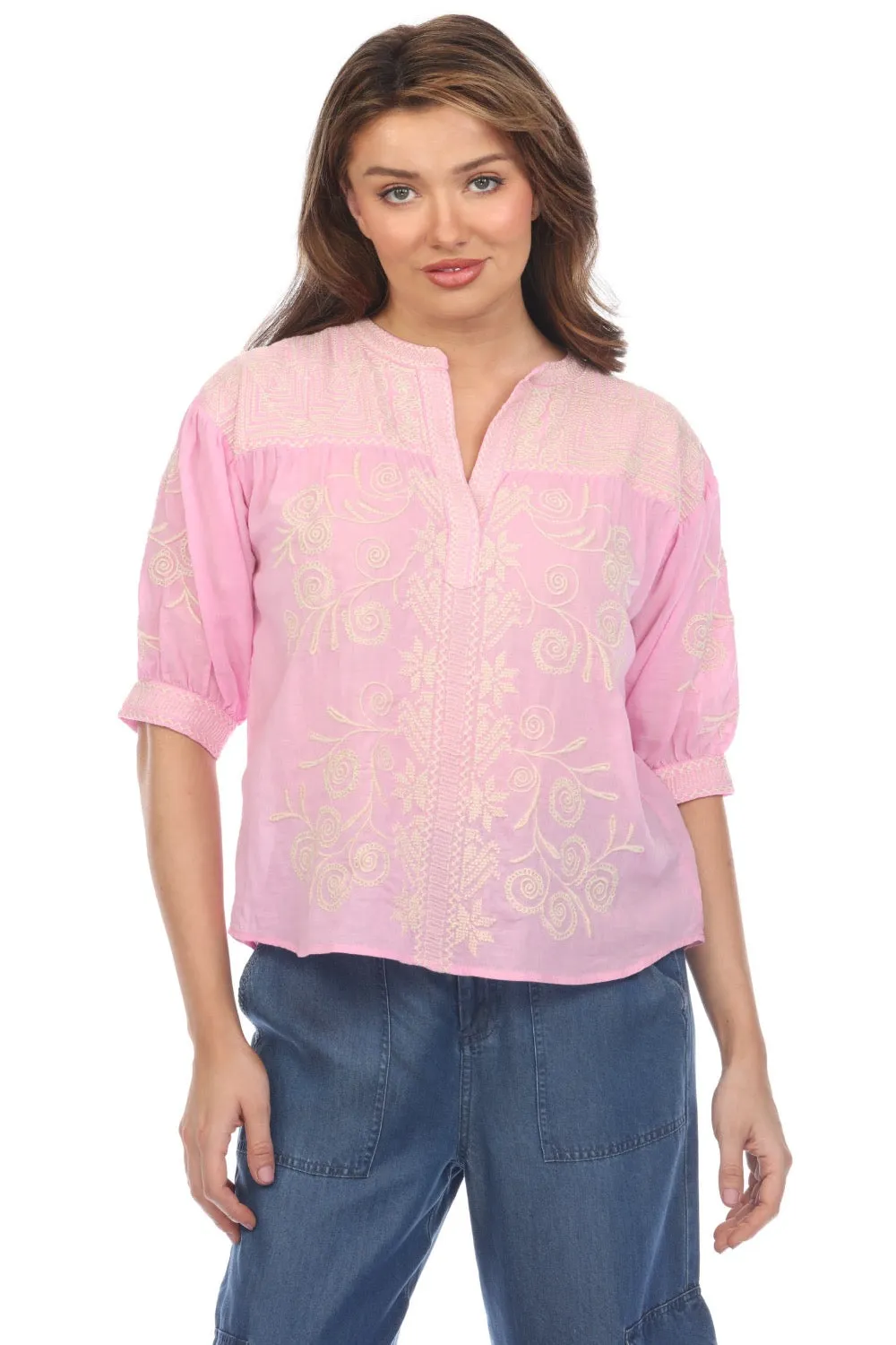 Johnny Was Workshop Hannani Puff Sleeve Henley Blouse W10524 *