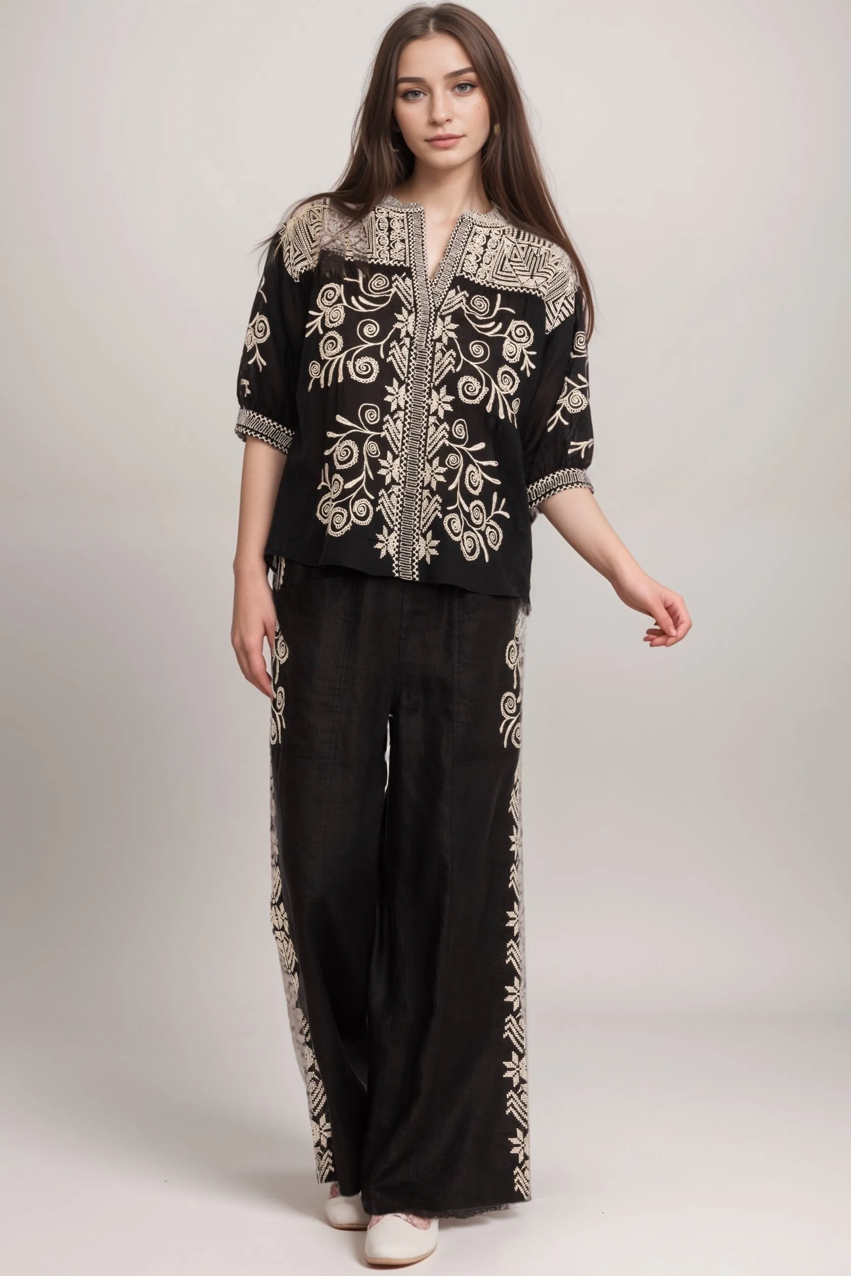 Johnny Was Workshop Hannani Puff Sleeve Henley Blouse W10524 *