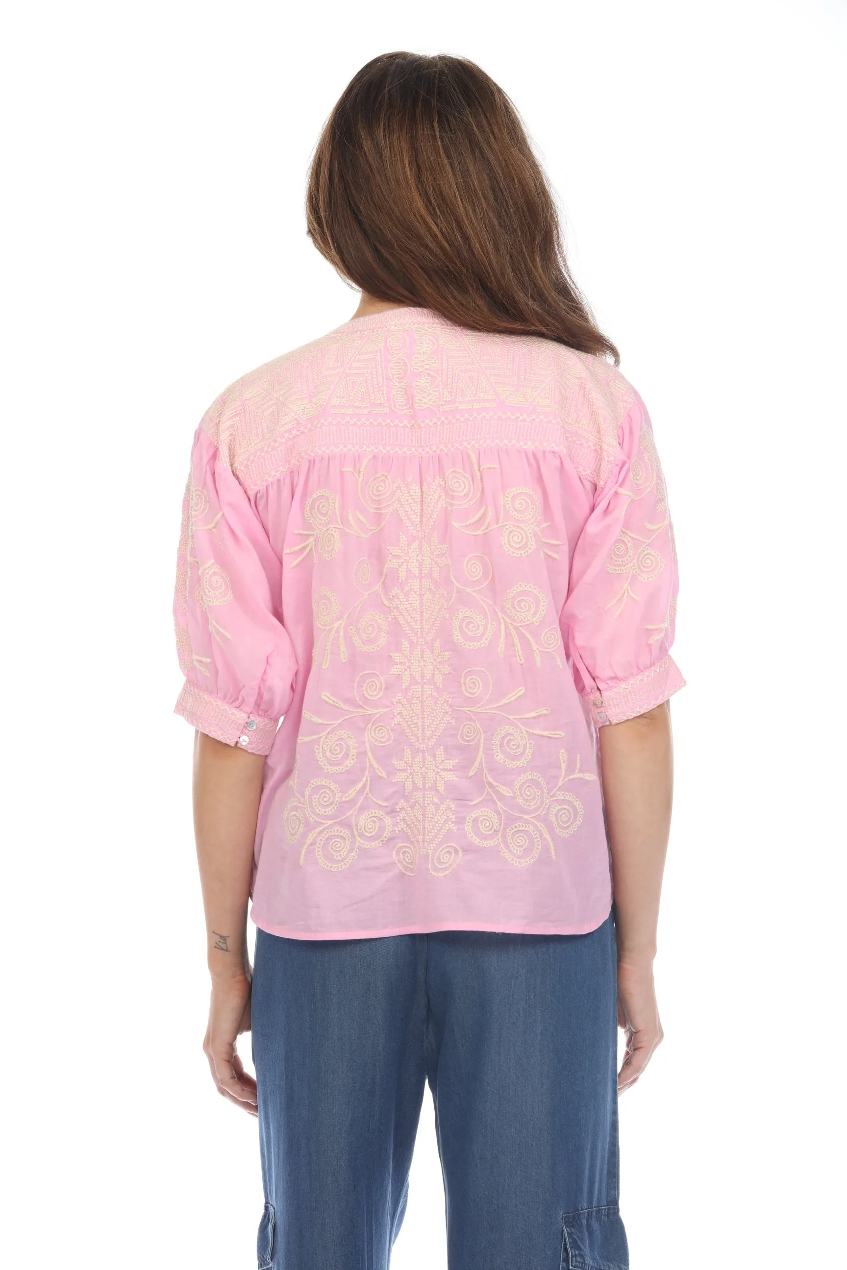 Johnny Was Workshop Hannani Puff Sleeve Henley Blouse W10524 *