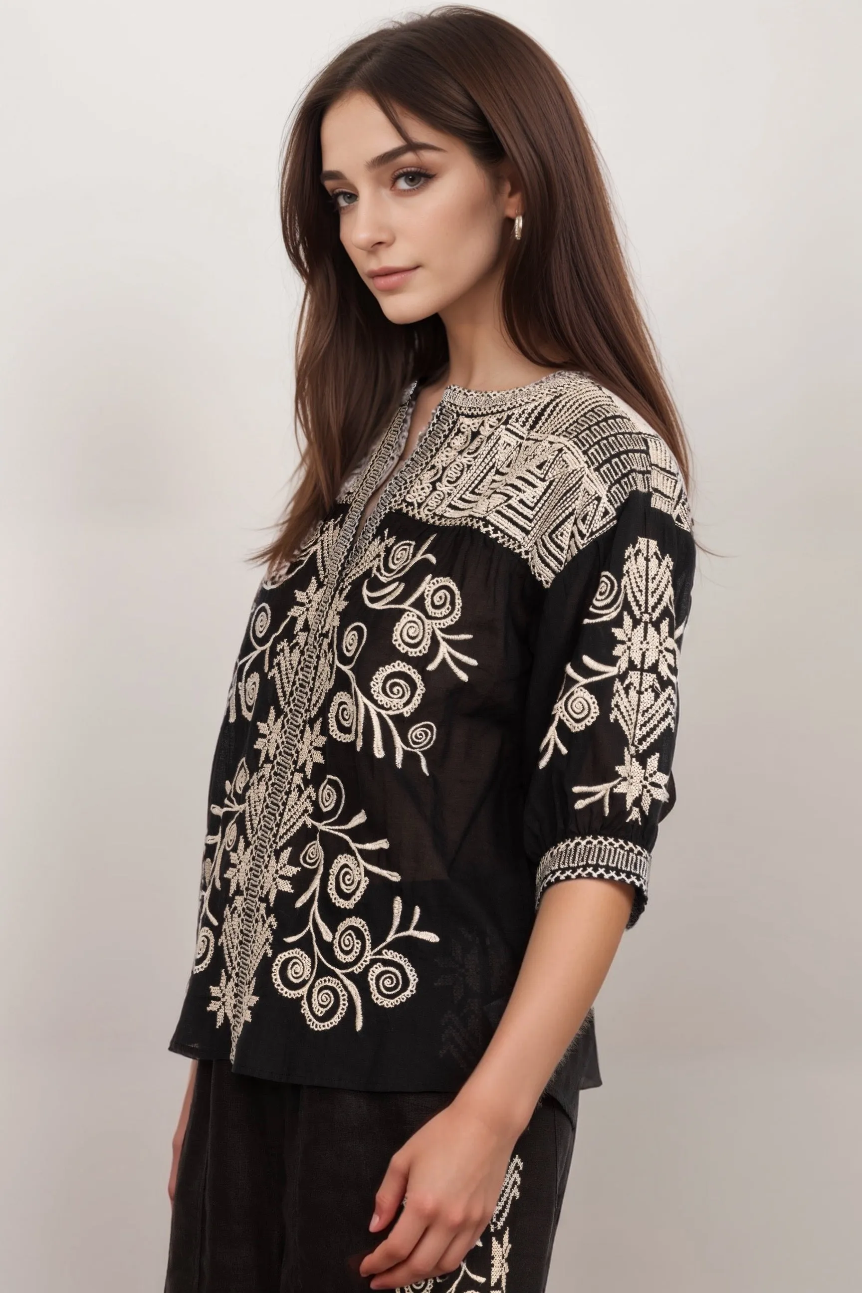 Johnny Was Workshop Hannani Puff Sleeve Henley Blouse W10524 *