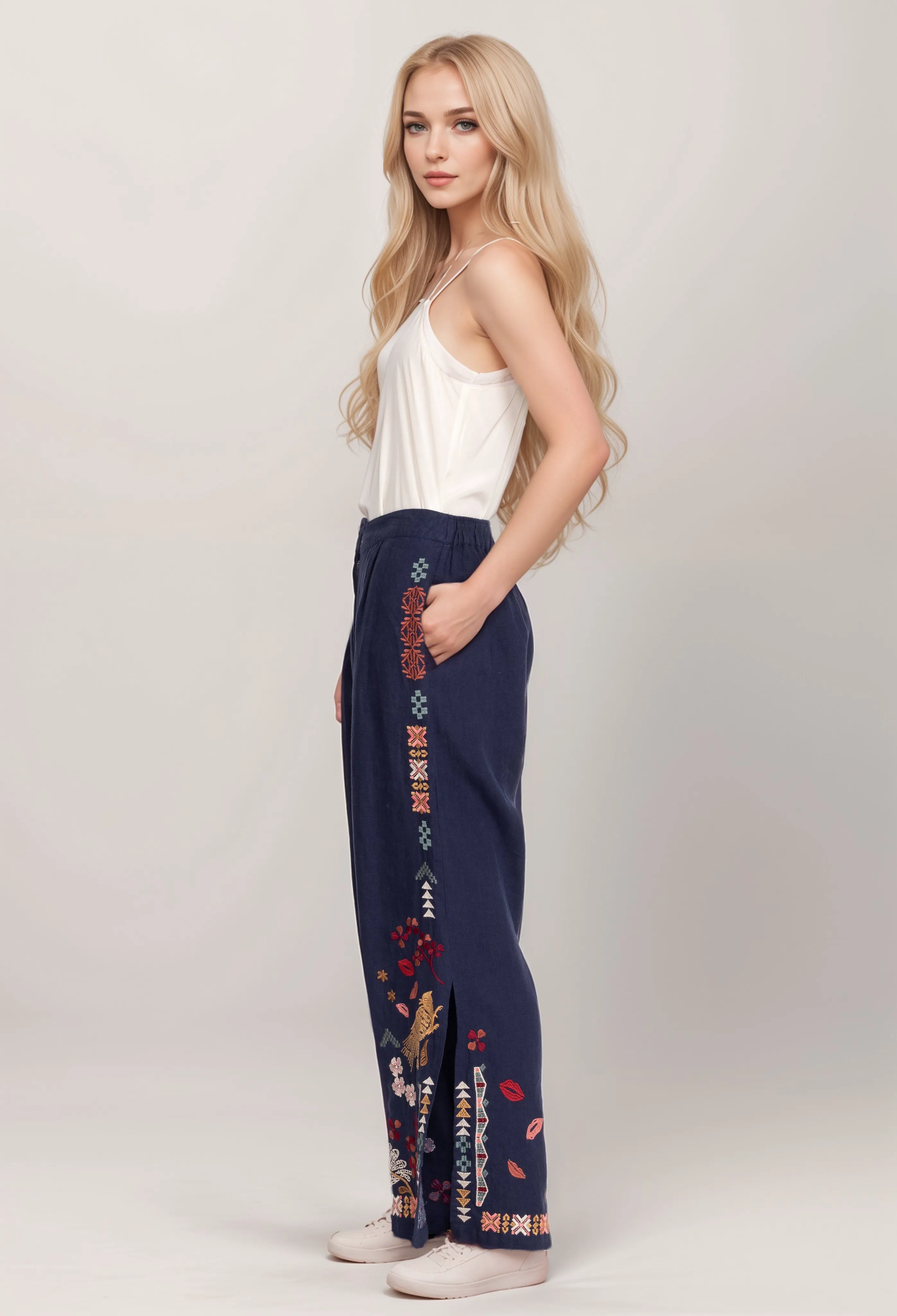 Johnny Was Zuzu High Slit Linen Pant R61223 Boho Chic