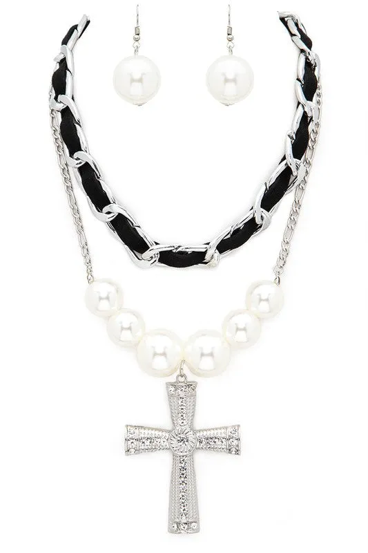 Keep Me- Crystal Cross 2 In 1 Necklace Set