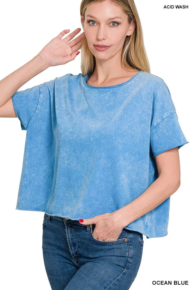 Kyla Acid Wash Raw Edge Top | Ocean