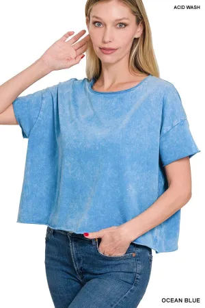 Kyla Acid Wash Raw Edge Top | Ocean