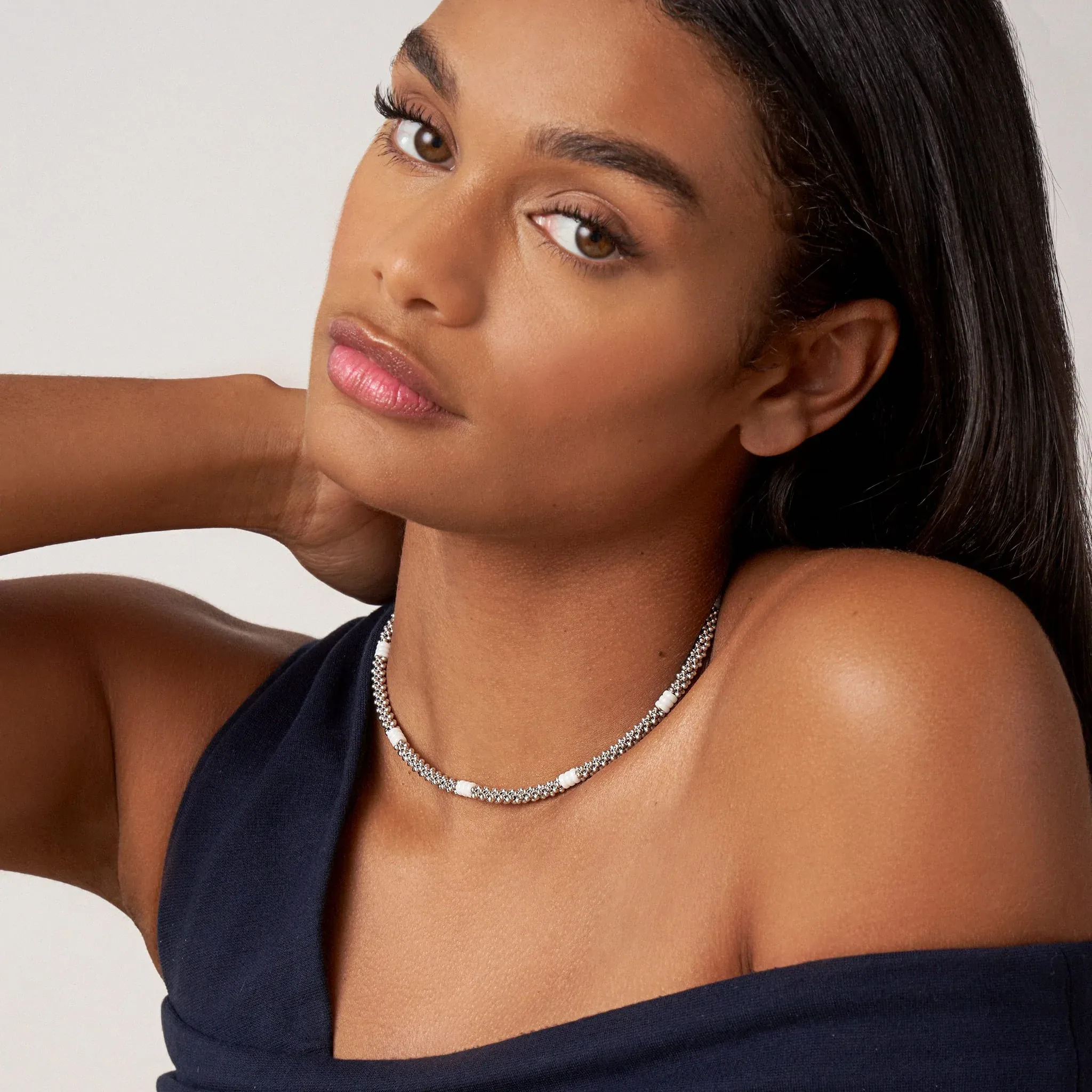 LAGOS White Caviar Ceramic Three Bead Station Necklace