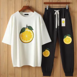 Lemon Tart Printed Oversized T-Shirt and Jogger Pants Set - LTUSTPS6 - White Black
