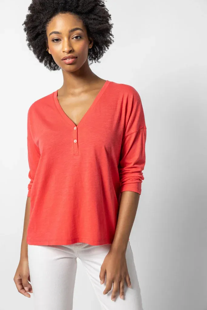 Lilla P. ~  Easy V-Neck Henley - Flamingo