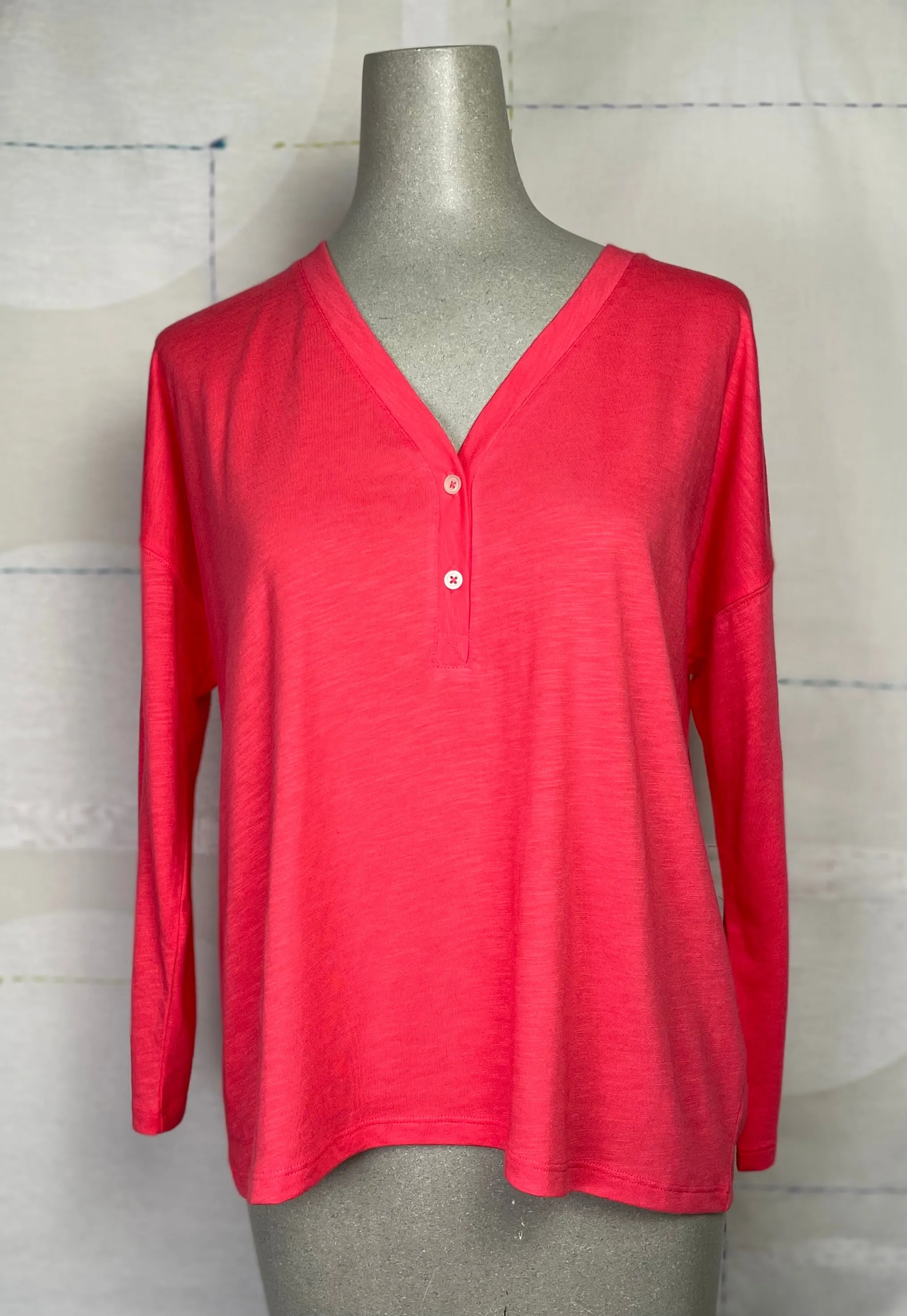 Lilla P. ~  Easy V-Neck Henley - Flamingo