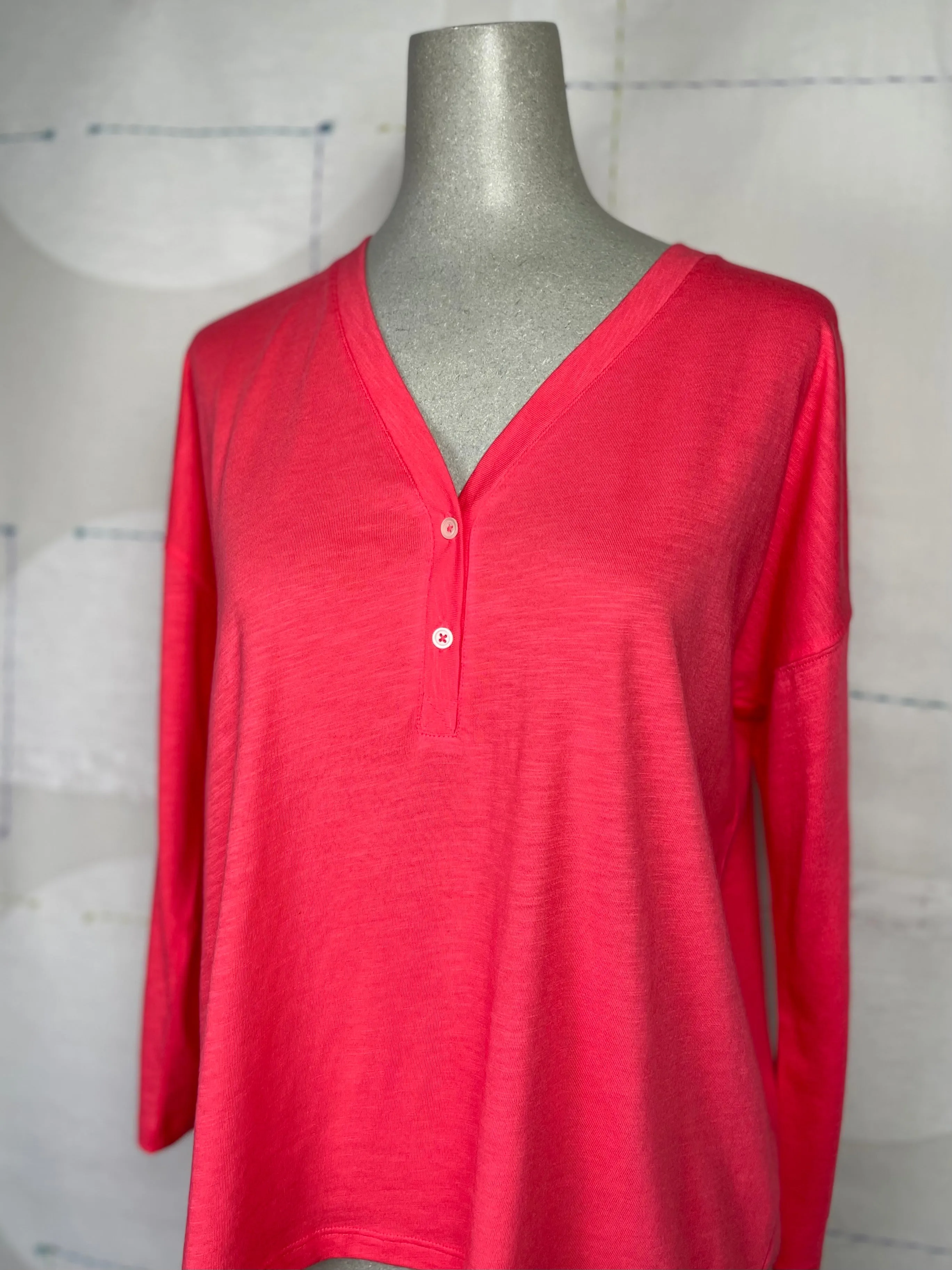 Lilla P. ~  Easy V-Neck Henley - Flamingo