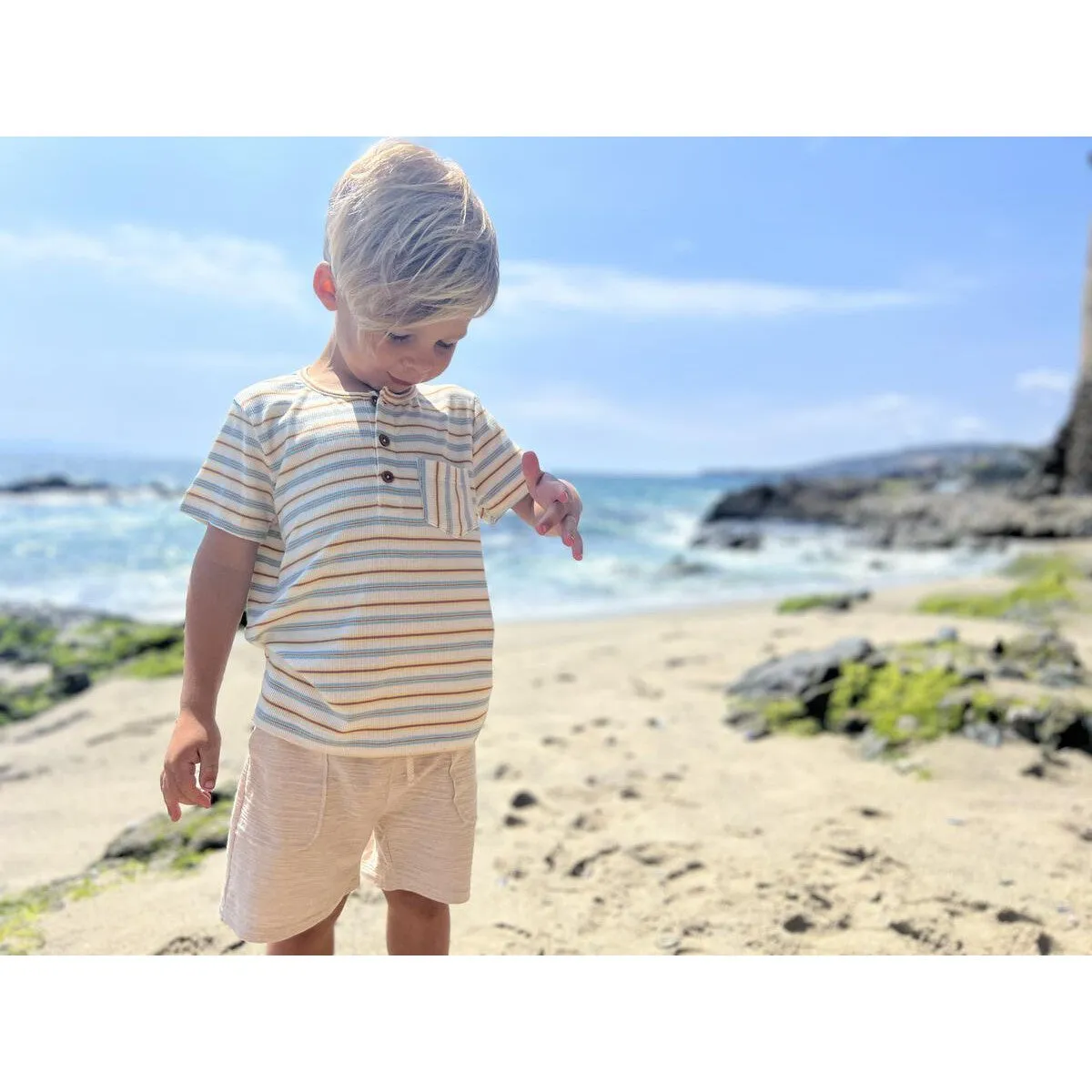 Me & Henry Blue/Lemon/White Ribbed Henley Dodger Top