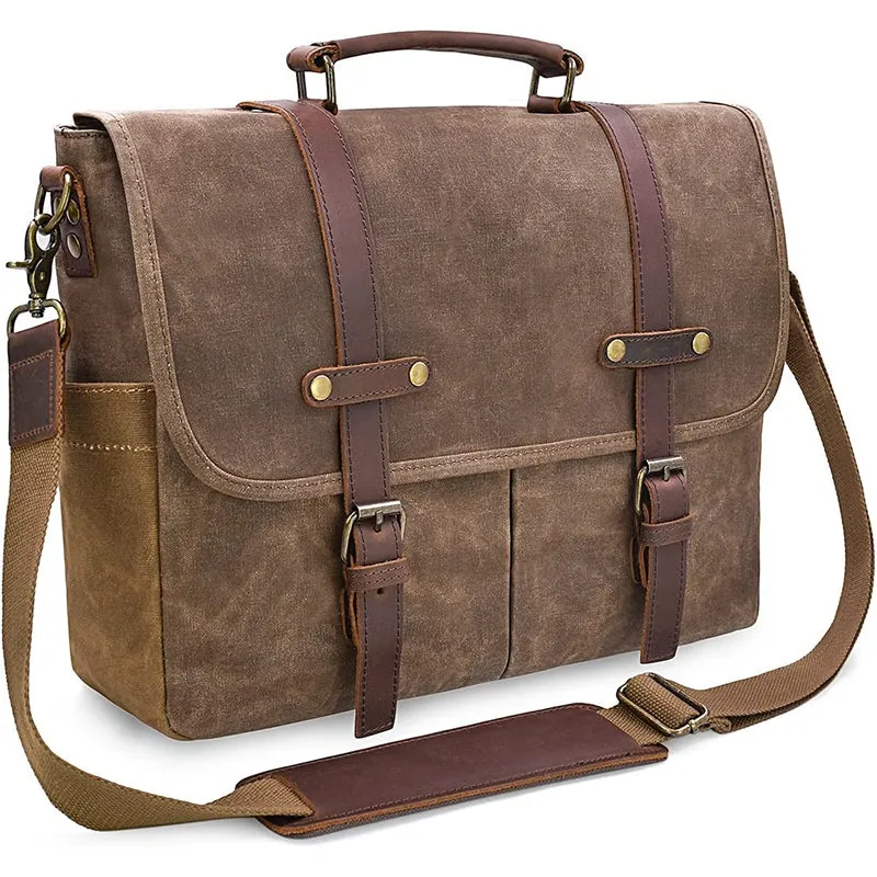 Mens Messenger Bag Waxed Canvas Briefcase 15.6 Inch Waterproof Vintage Canvas Leather Computer Laptop Bag Rugged Satchel Shoulder Bag