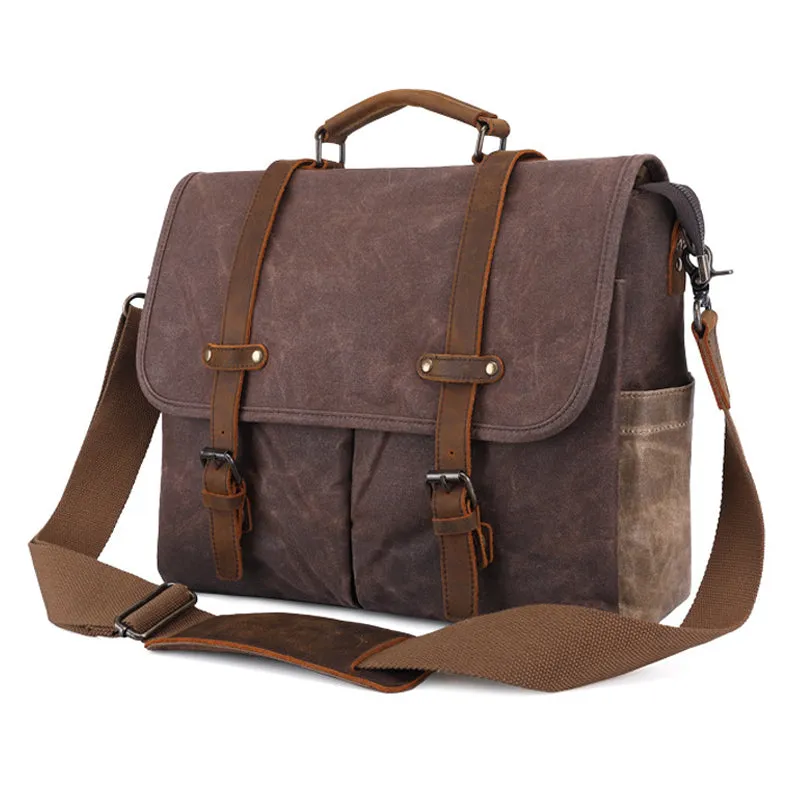 Mens Messenger Bag Waxed Canvas Briefcase 15.6 Inch Waterproof Vintage Canvas Leather Computer Laptop Bag Rugged Satchel Shoulder Bag