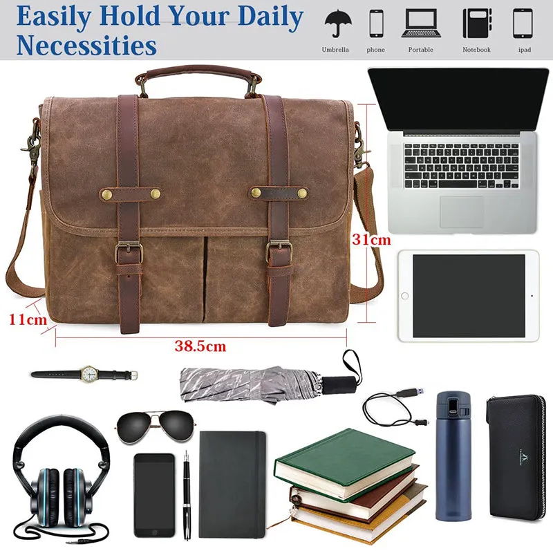 Mens Messenger Bag Waxed Canvas Briefcase 15.6 Inch Waterproof Vintage Canvas Leather Computer Laptop Bag Rugged Satchel Shoulder Bag