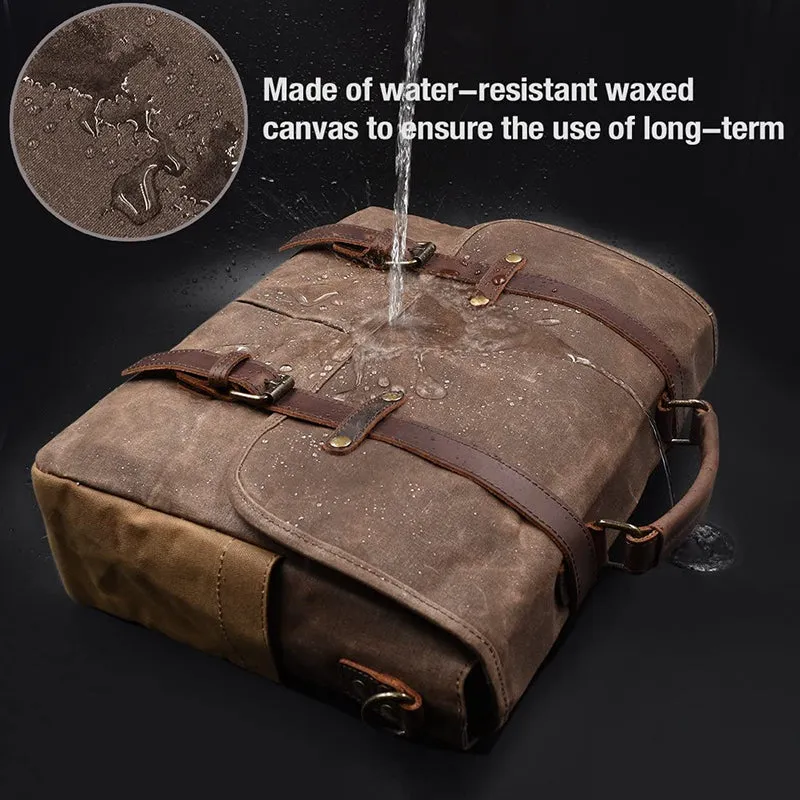 Mens Messenger Bag Waxed Canvas Briefcase 15.6 Inch Waterproof Vintage Canvas Leather Computer Laptop Bag Rugged Satchel Shoulder Bag