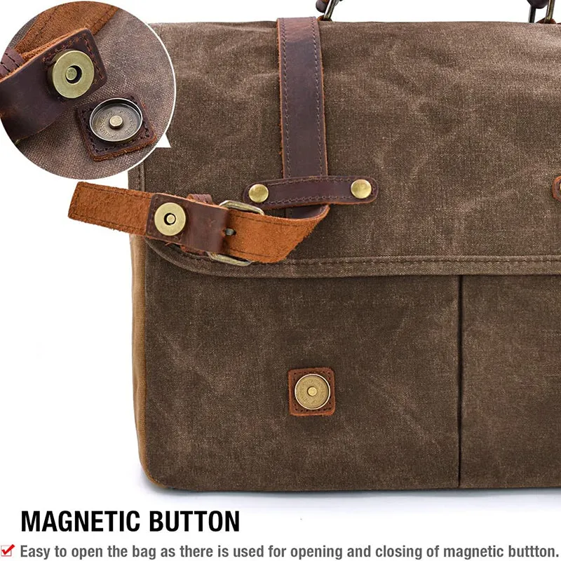 Mens Messenger Bag Waxed Canvas Briefcase 15.6 Inch Waterproof Vintage Canvas Leather Computer Laptop Bag Rugged Satchel Shoulder Bag