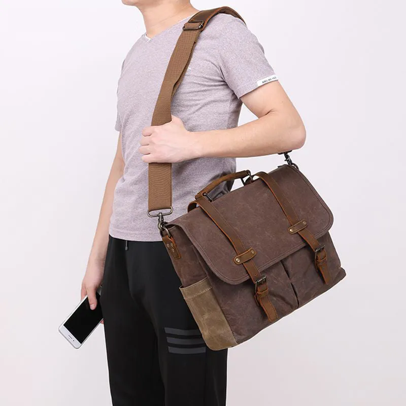Mens Messenger Bag Waxed Canvas Briefcase 15.6 Inch Waterproof Vintage Canvas Leather Computer Laptop Bag Rugged Satchel Shoulder Bag