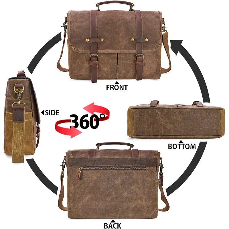 Mens Messenger Bag Waxed Canvas Briefcase 15.6 Inch Waterproof Vintage Canvas Leather Computer Laptop Bag Rugged Satchel Shoulder Bag