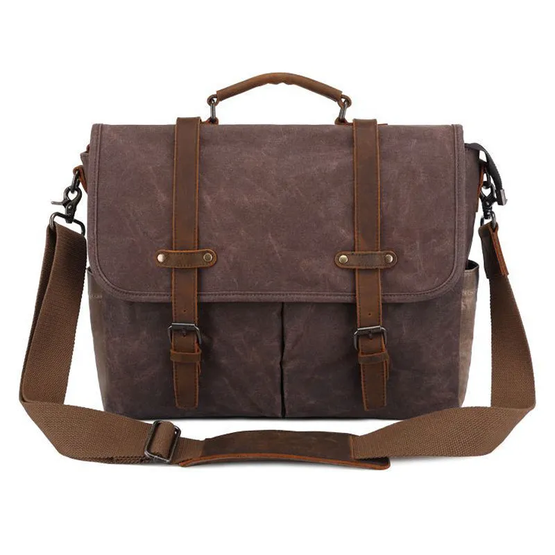 Mens Messenger Bag Waxed Canvas Briefcase 15.6 Inch Waterproof Vintage Canvas Leather Computer Laptop Bag Rugged Satchel Shoulder Bag